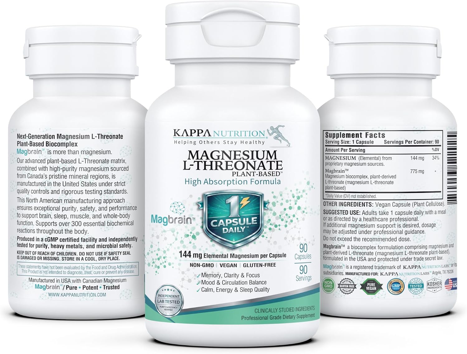 Kappa Nutrition, Magbrain® Plant‑Derived Magnesium L‑Threonate, 144 mg Elemental Magnesium, Brain & Nervous System Support, 60 Vegan Capsules, Once‑Daily Biocomplex.