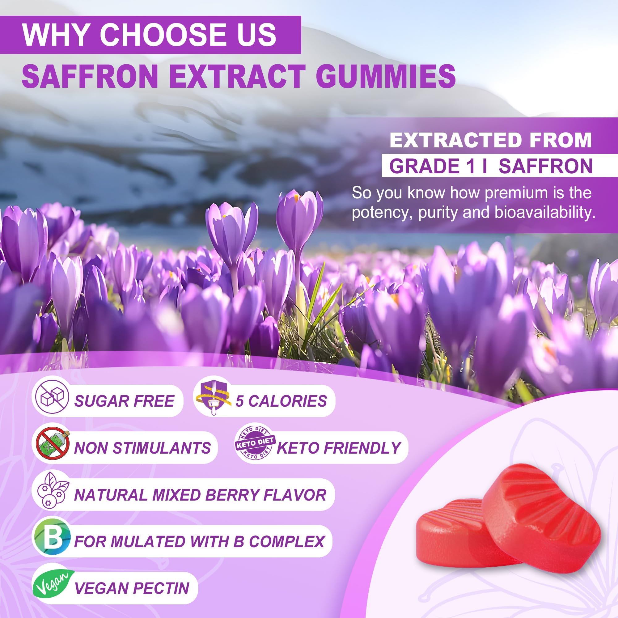 Saffron Supplements Gummies 100mg - 100% Pure Saffron Extract with Magnesium Glycinate, L-Theanine, Turmeric, Ashwagandha, Honey & Vitamin B Complex for Mood & Power, Antioxidant, Vitality - 60 Count