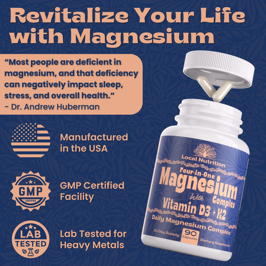 Supplement bottle labeled 'Four-in-One Magnesium Complex with Vitamin D3 + K2' by Local Nutrition on a white background.