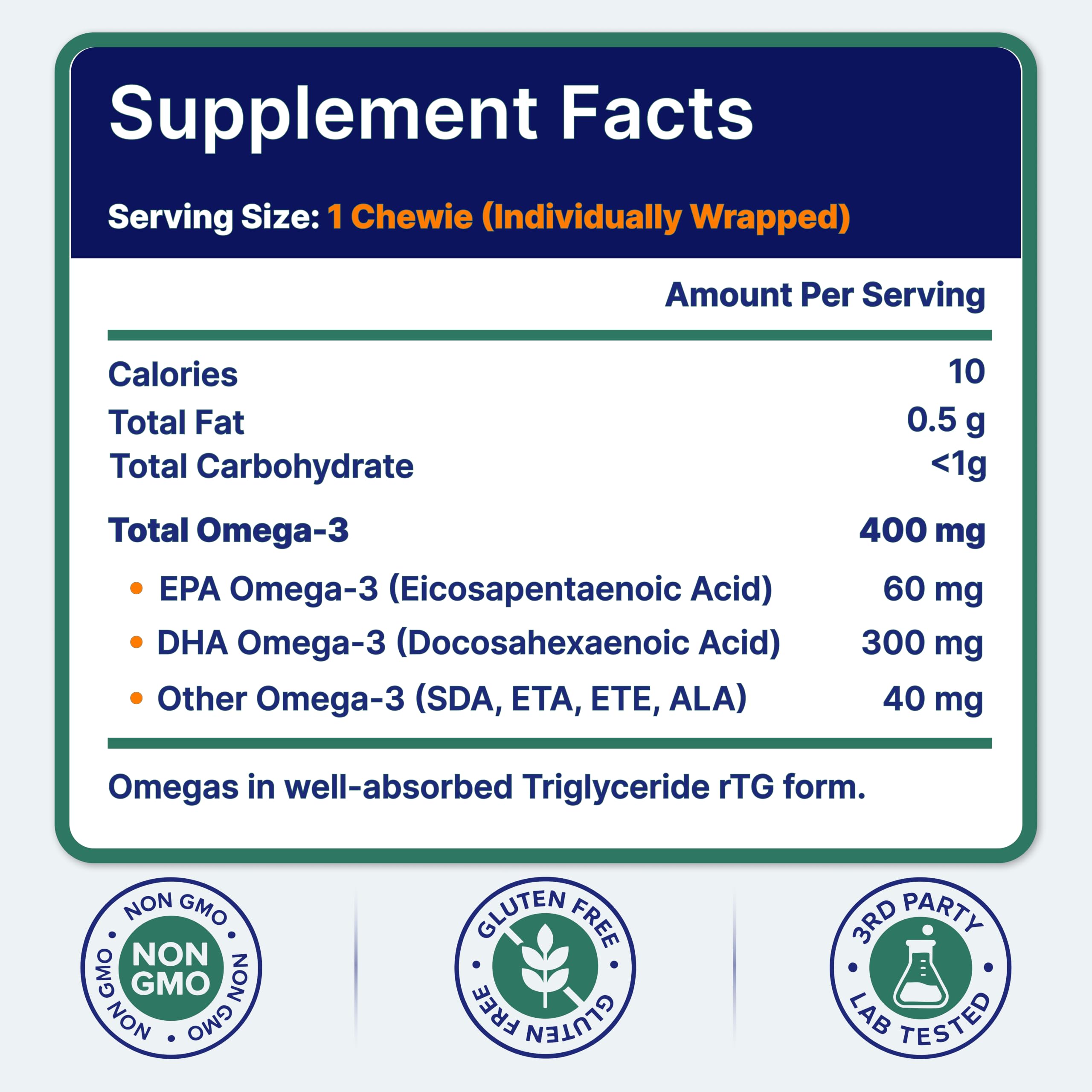 OmegaVia Omega 3 Chewies, Daily DHA Chewable Vitamins for Kids, Omega 3 for Ages 3-12 to Support Brain & Eye Health, Sugar-Free Natural Fruit Flavor, Omega 3 Fish Oil, 30 Individual Packets