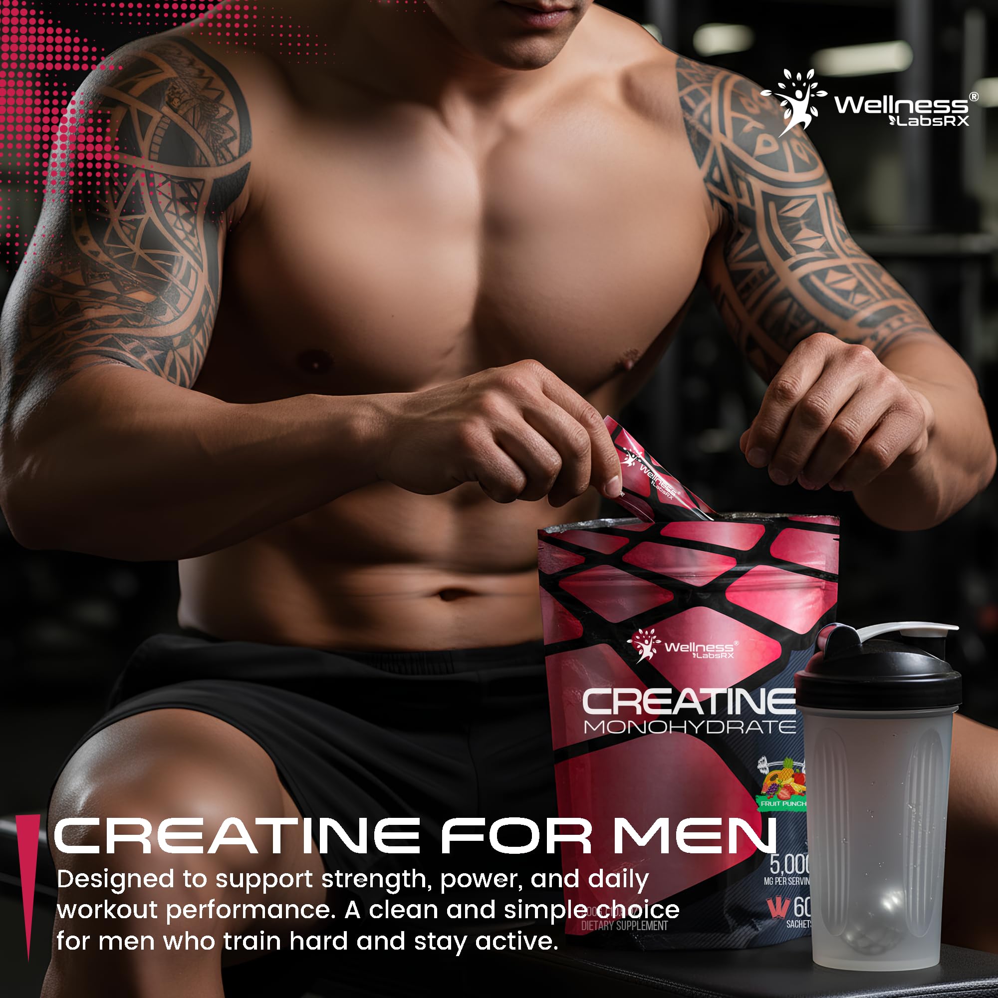 WELLNESS LABSRX Creatine Monohydrate Powder Sachets 300g – Fruit Punch Flavor Micronized Creatine Powder Supplement, Creatine for Women and Men, Supports Strength, Energy, Performance - 60 Servings