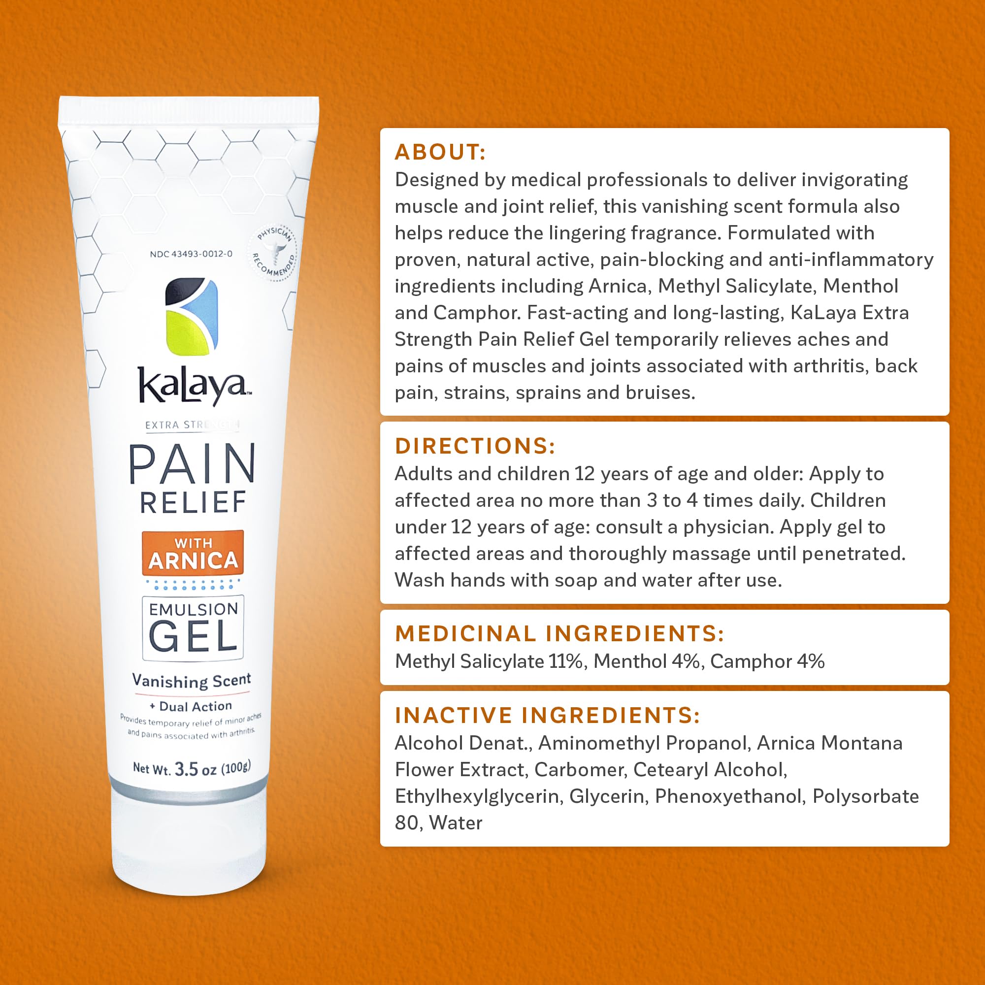 Kalaya Extra Strength Pain Relief Gel with Arnica -Fast Acting, Long Lasting, Vanishing Scent, medically formulated for Arthritis, Joints, Muscle, Back, Neck, Shoulder, Hand and Knee Pain Kalaya NaturalsBuy Supplements Australia