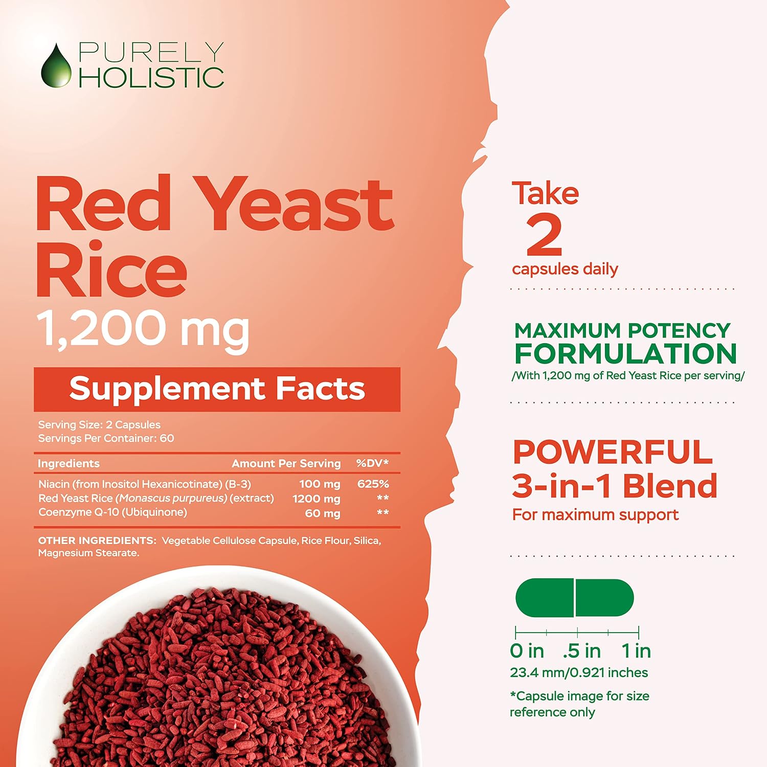 Purely Holistic Red Yeast Rice 1200mg with CoQ10 & Niacin + Vitamin D3 5000 IU (125mcg) & K2 MK7 90mcg Bundle - 270 Vegetarian Capsules - Made in USA