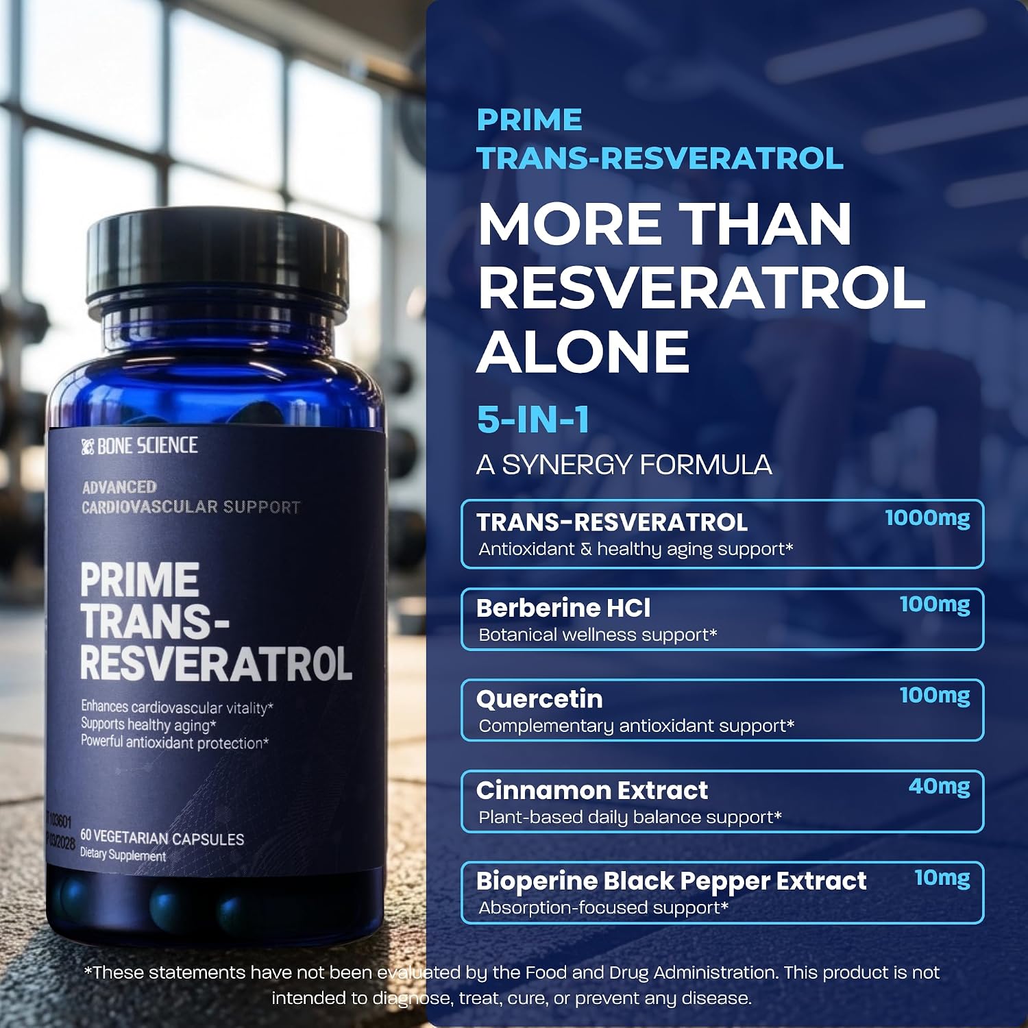 BONE SCIENCE Prime Trans-Resveratrol 1000 mg, High-Purity 5-in-1 Formula with Quercetin, Berberine HCl, Cinnamon Extract & BioPerine, Antioxidant Support, Non-GMO, 2 Month Supply