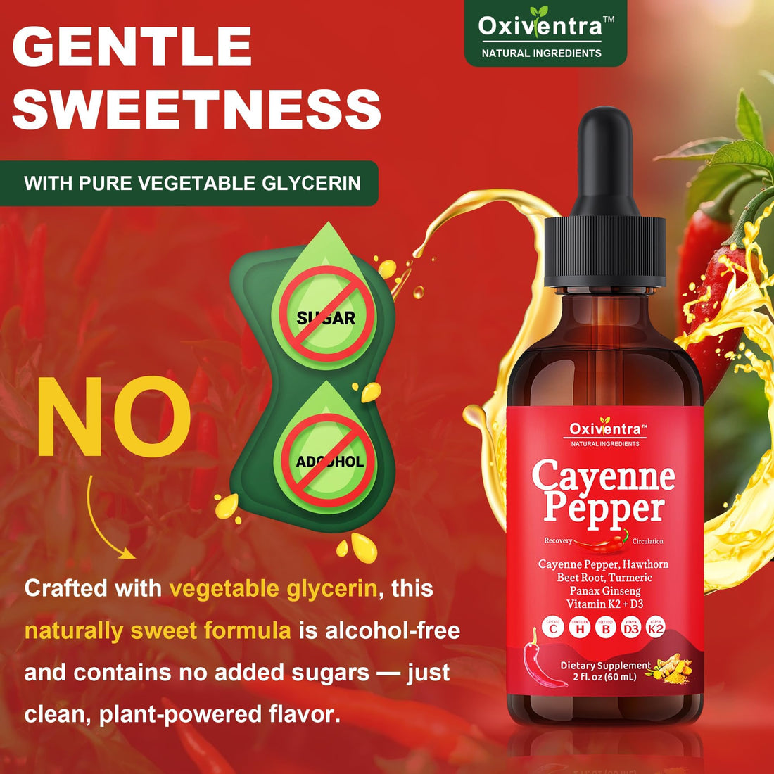 Oxiventra Cayenne Pepper supplement bottle and packaging on a white background
