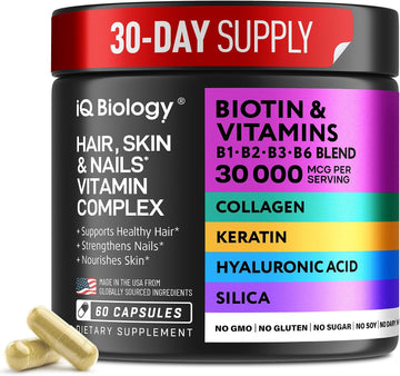 Biotin 10,000 mcg Supplement - Hair Growth Support for Women & Men - 60 pcs | Hair Skin and Nail Vitamins with Keratin, Collagen, Hyaluronic Acid & Vitamin B Complex - 30,000 mcg Hair Vitamins Complex