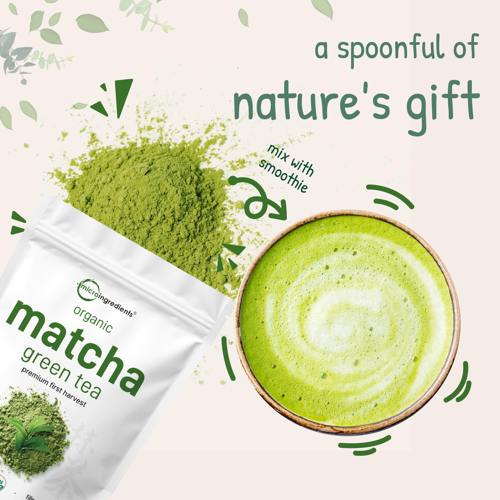 Micro Ingredients Organic Matcha Green Tea Powder, First Harvest, Culinary Grade from Japan, 100% Pure & Unflavored, Great for Tea, Latte, & Smoothies, Non-GMO, No Sugar, Eco-Friendly Packaging, 1 Lb