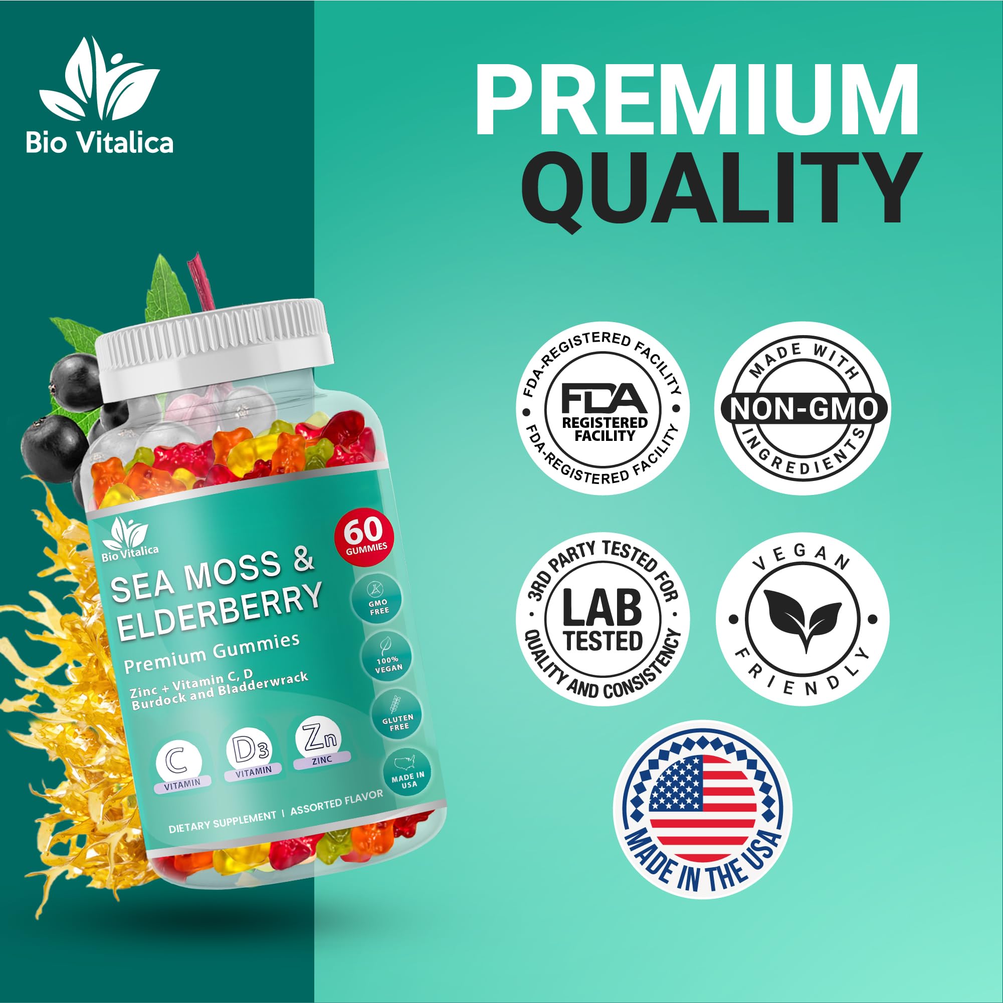 BIO VITALICA Irish Sea Moss Gummies with Elderberry – USA Made Vegan Gummies with Vitamin C, D & Zinc – Immune Support Supplement with Bladderwrack & Burdock Root for Adults & Kids – 3 Packs BIO VITALICABuy Supplements Australia