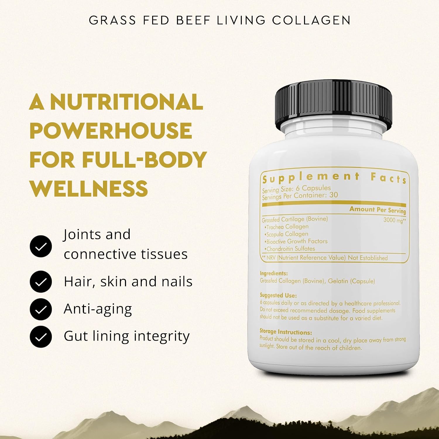Ancestral Supplements Grass Fed Beef Living Collagen Capsules, 180 Ct | Type II collagen peptides complex in convenient capsules supports healthier, younger-looking skin, hair, nails & joints.