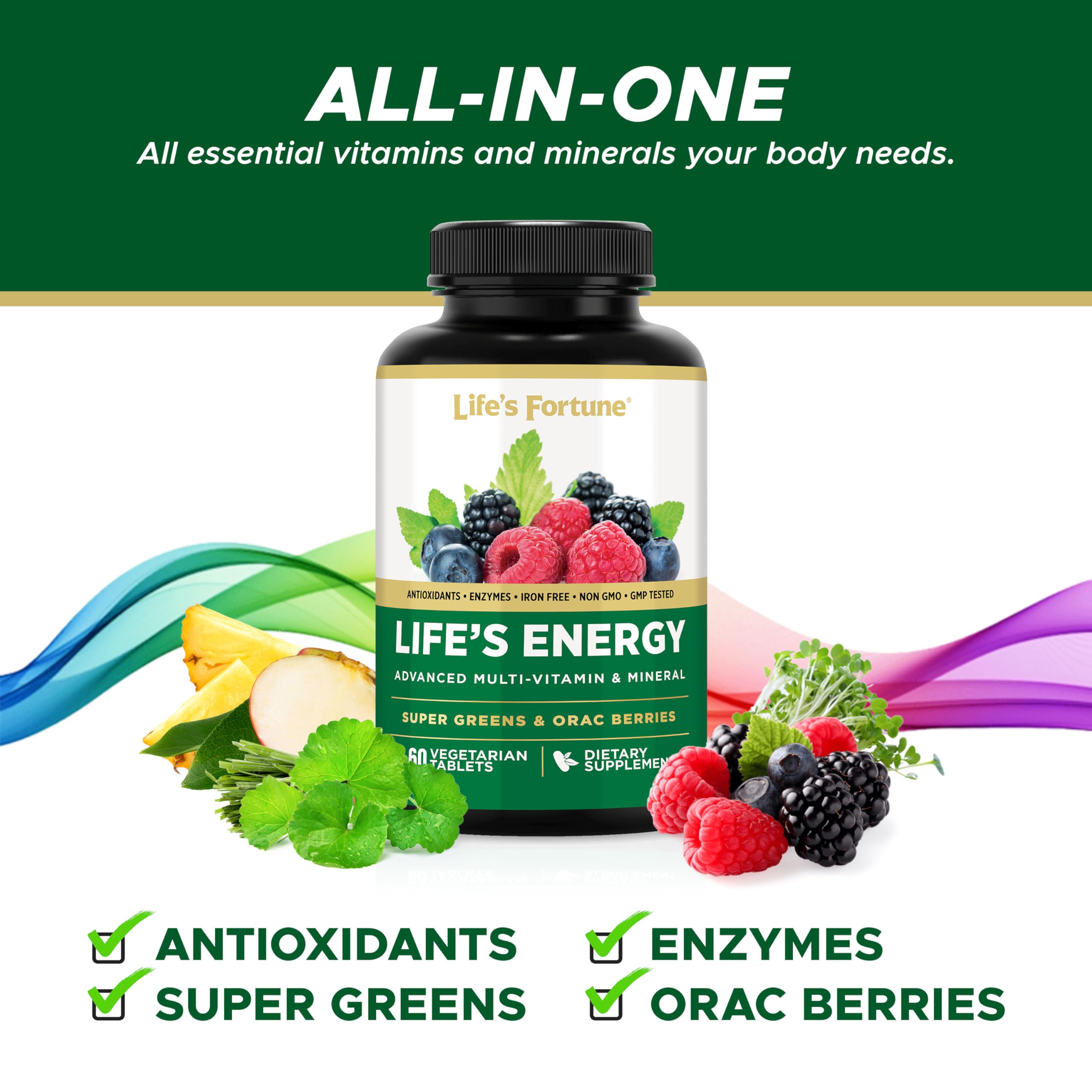 Life's Energy Advanced Daily Multivitamin for Men & Women, Energy & Immune Support Supplement with Super Greens - Antioxidants & Enzymes - Iron Free, Vegetarian, 120 Tablets by Life's Fortune