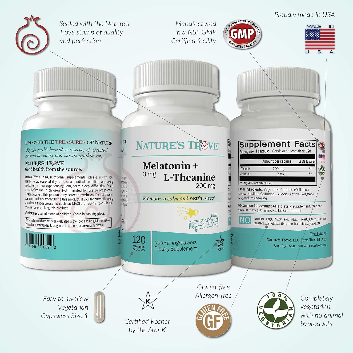 Nature's Trove Melatonin 3mg + L Theanine 200mg – Calm and Relaxation – 120 Kosher Vegetarian Capsules