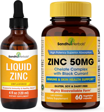 Sandhu Herbals Liquid Zinc Drops 4 Oz & Zinc Capsules 60 Count Supplement | Supports Immune and Skin Health| Made in USA