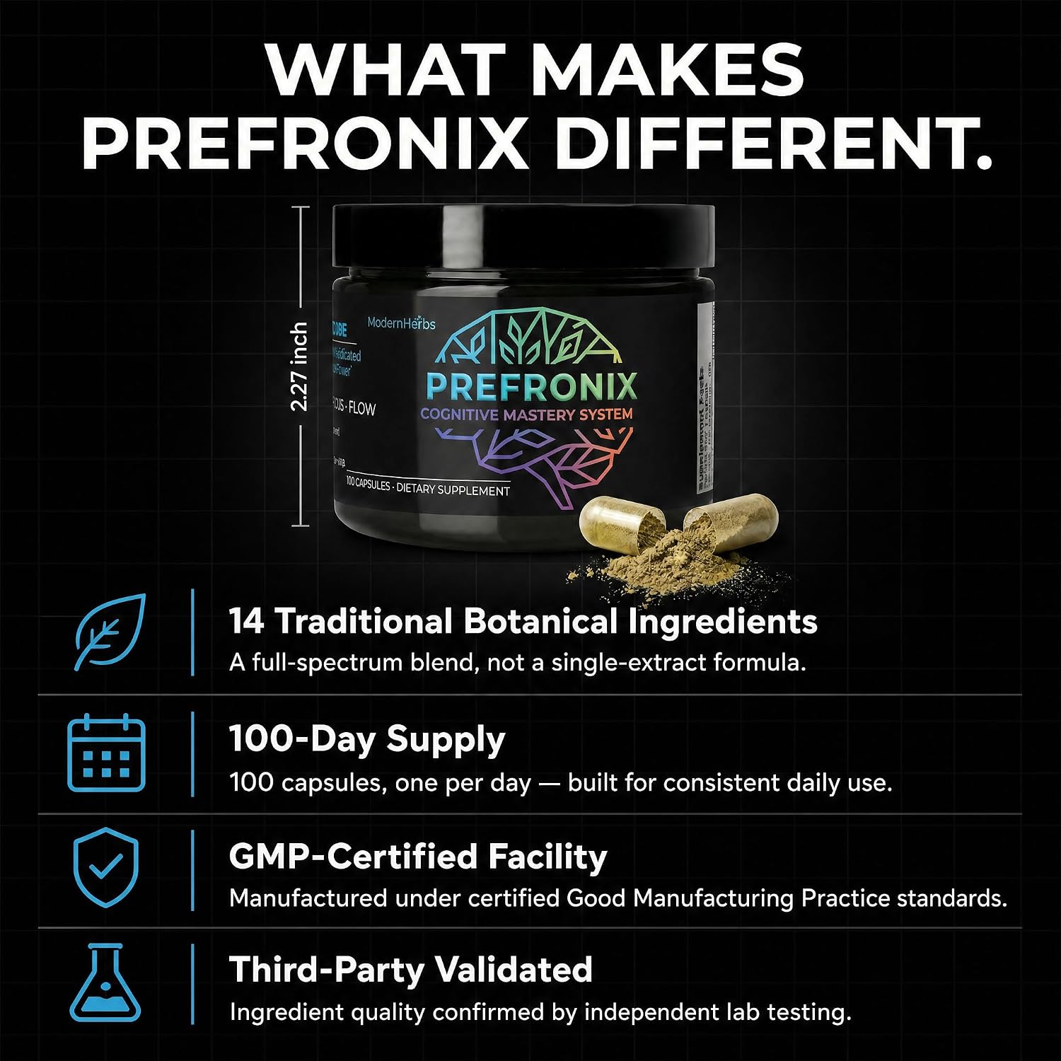 Prefronix Nootropic Brain Supplement, Ginkgo Biloba, Memory & Cognitive | 100-Day Supply; Caffeine-Free Daily Focus; 14 Botanicals for Men, Women and Seniors; GMP-Certified Quality