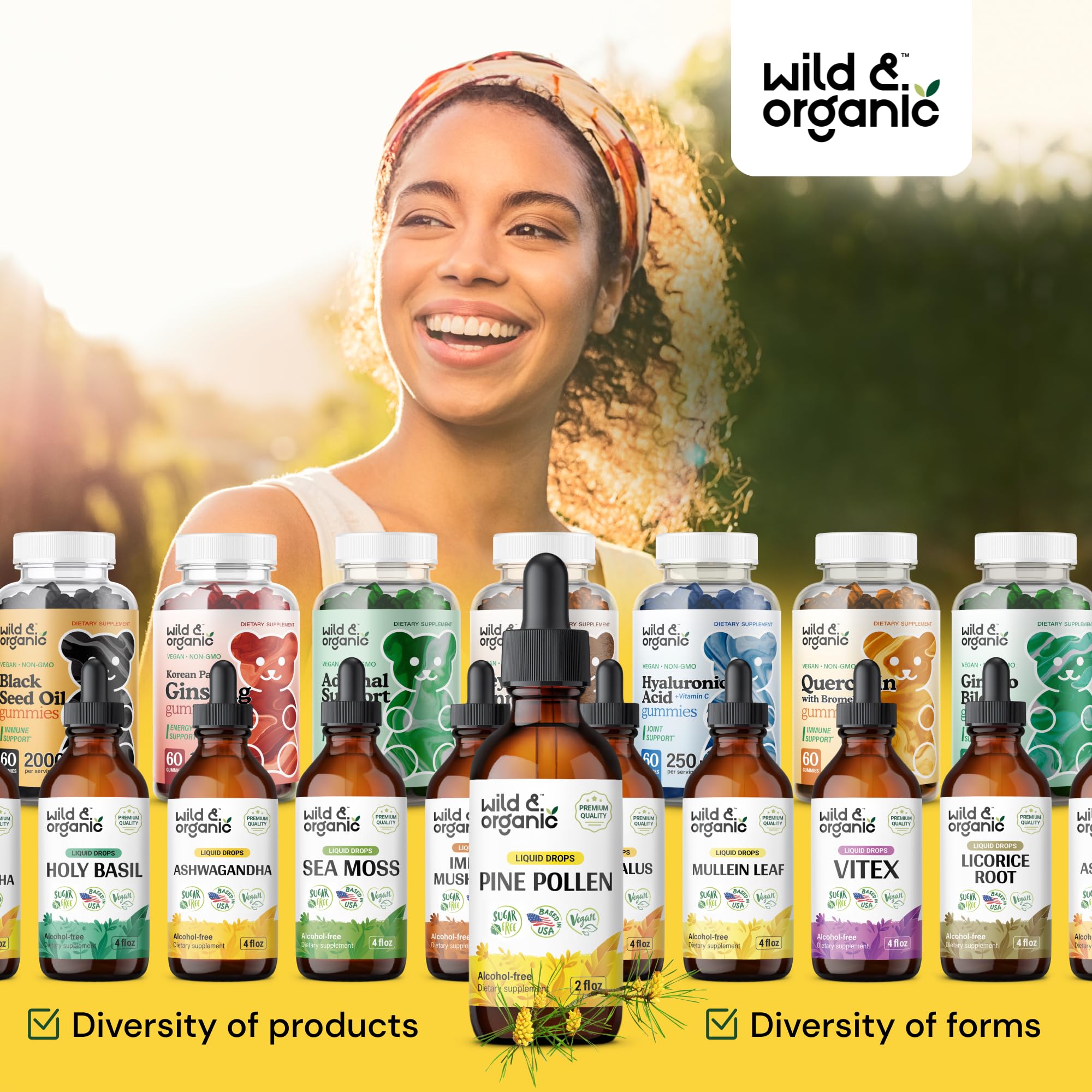 Wild & Organic Pine Pollen Tincture - Pine Pollen for Men & Women - Add to Tea & Drink - Pure Pinus Massoniana Extract Drops - Vegan, Sugar & Alcohol-Free Liquid Supplement - 4 fl oz