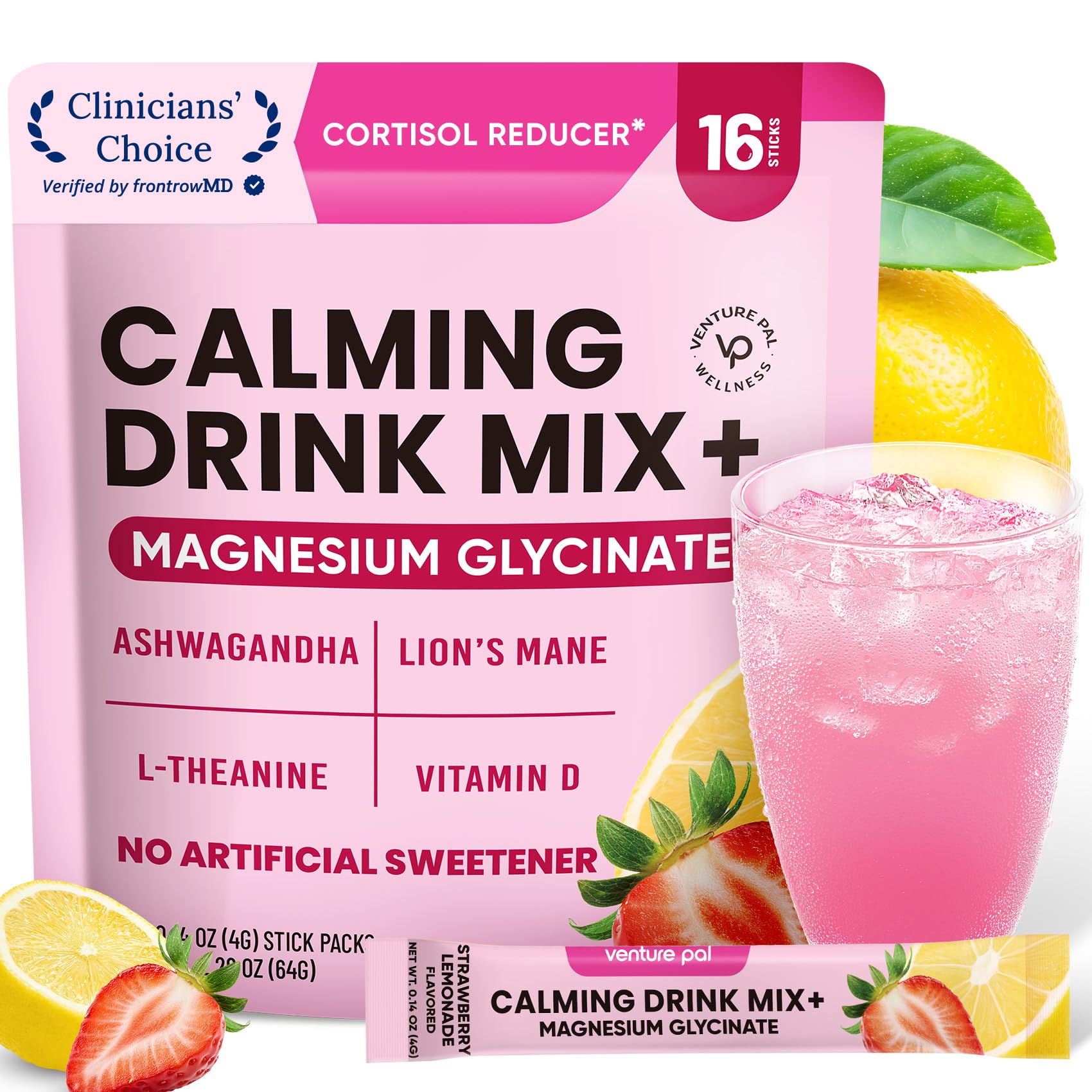 Venture Pal Calm Drink Mix, 12-in-1 Cortisol Reducer & Sleep Aid | Magnesium Glycinate, Ashwagandha, L-Theanine & Vitamin D, Calm Magnesium Powder for Relax & Focus, No Sugar, Non GMO