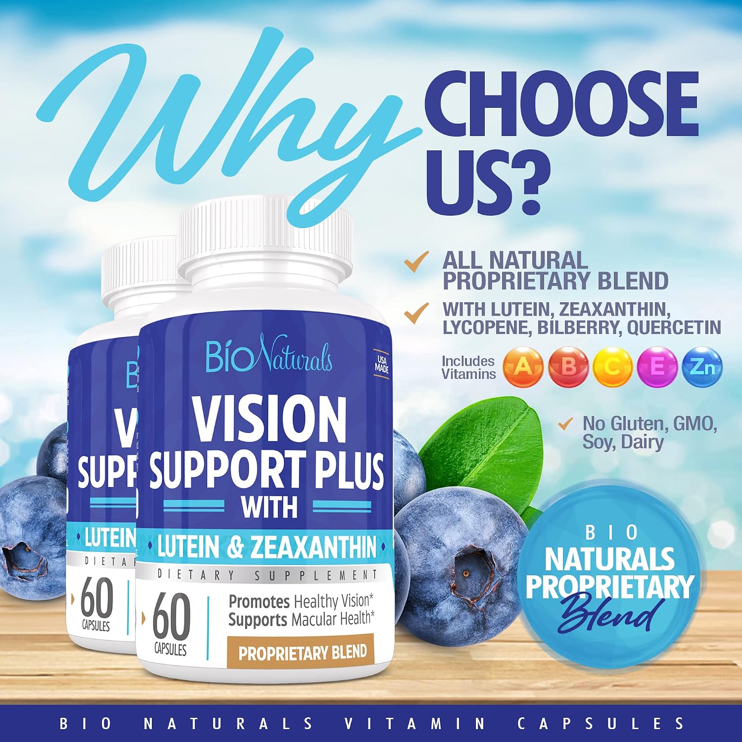 Eye Vitamin Supplement with Lutein, Zeaxanthin, Lycopene, Bilberry, Quercetin & More - All Natural Proprietary Blend Supports Vision & Macular Health - 60 Veggie Capsules