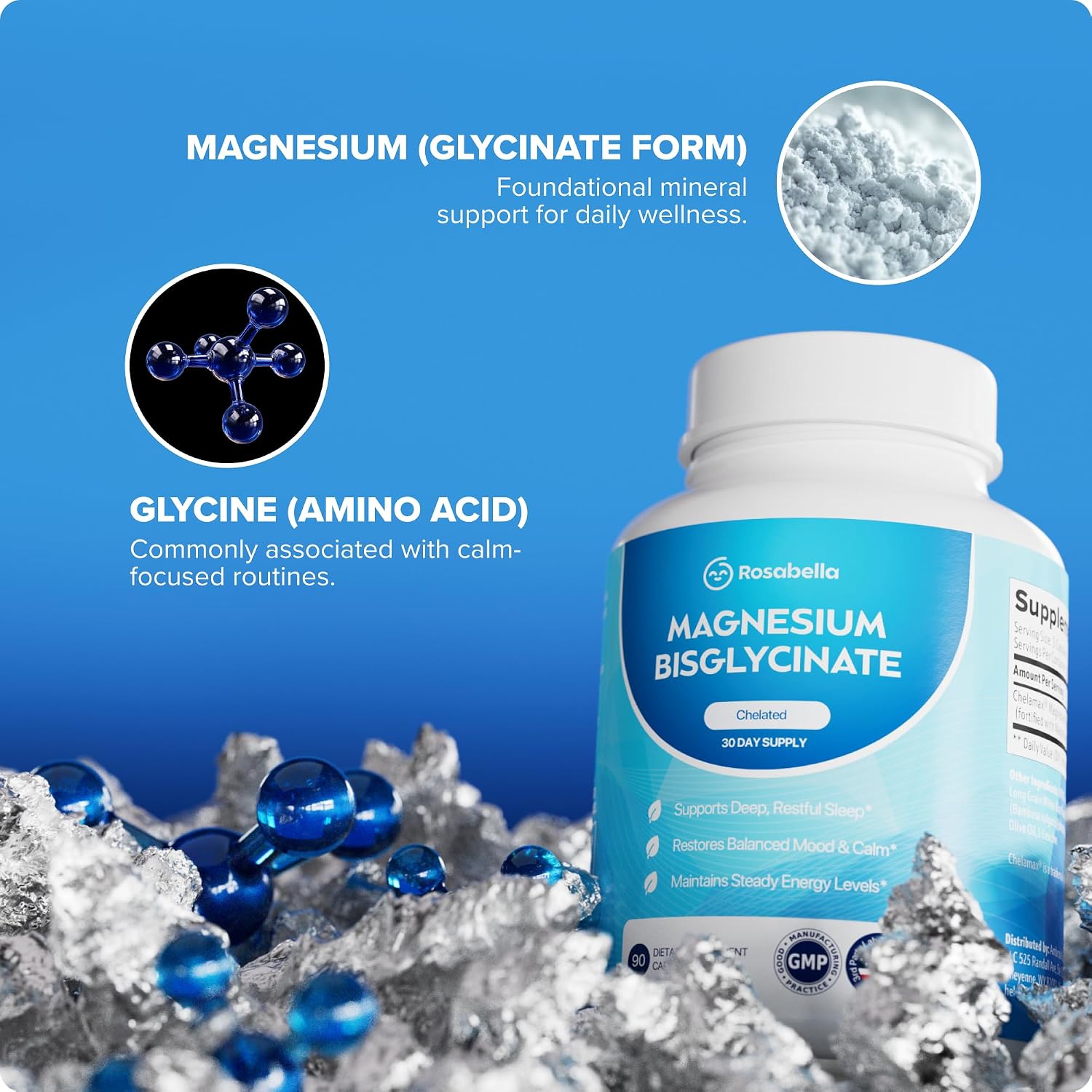 Rosabella Magnesium Bisglycinate Capsules – High Absorption, Non-Laxative Magnesium Biglycinate Chelate, Gentle Formula for Relaxation, Restful Sleep Routines & Muscle Comfort – 90 Capsules