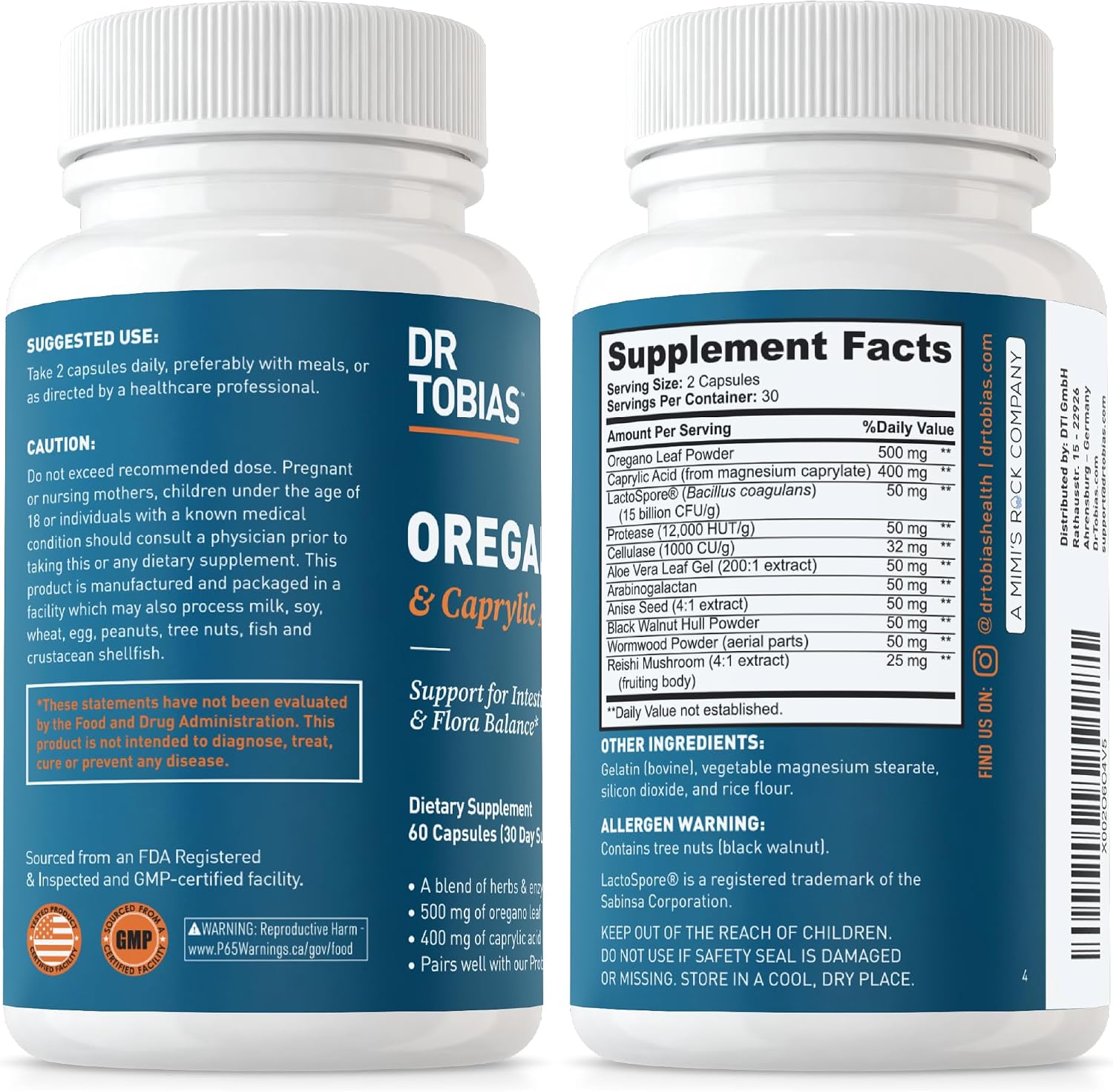 Dr. Tobias Oregano & Caprylic Acid Blend 60 Capsules | Oregano Capsules | Gut Flora Balance Complex & Intestinal Support | Oregano + Caprylic Acid | Probiotics + Enzymes | 30 Servings