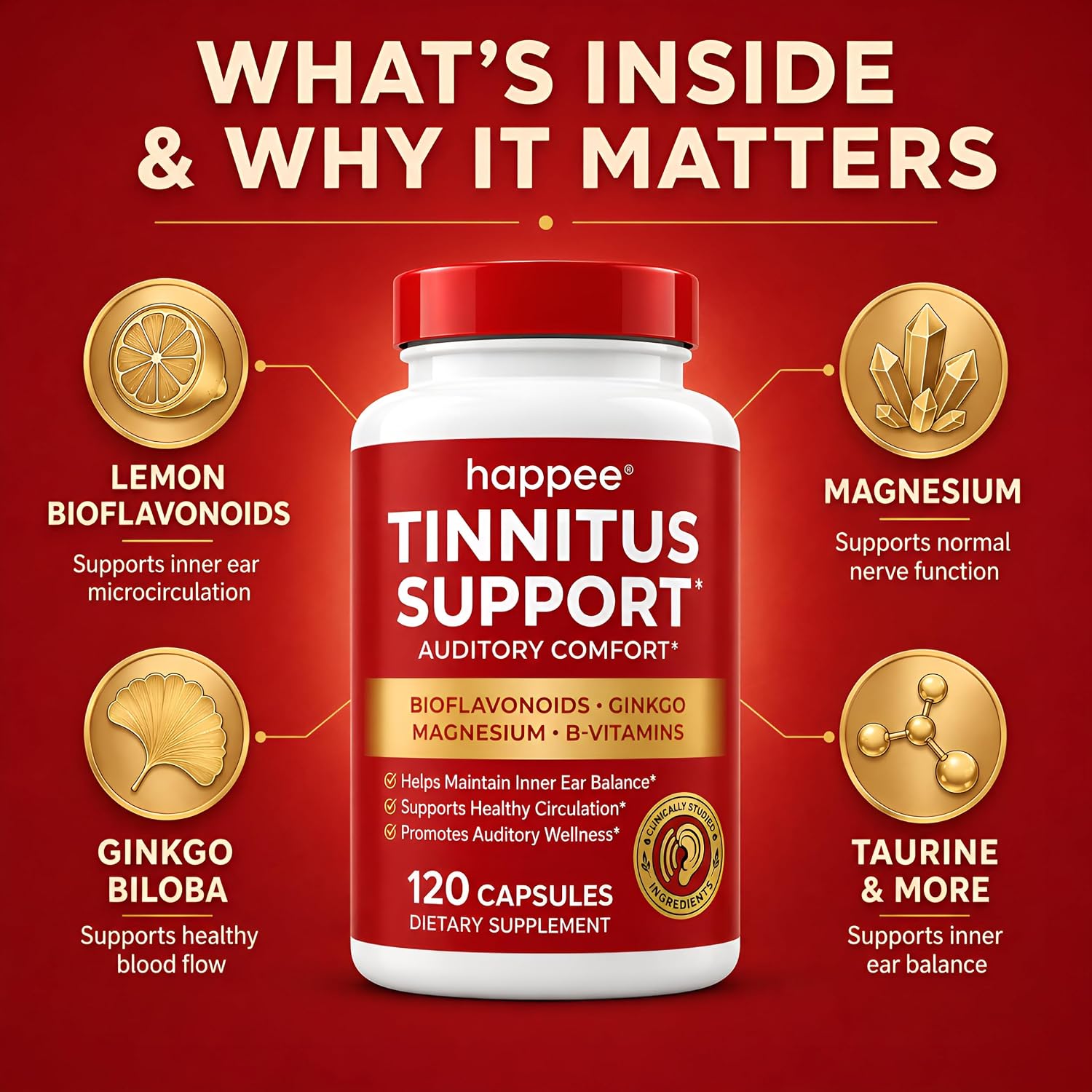 Happee Tinnitus Supplement for Ringing Ears, Bioflavonoids & Ginkgo, 120ct | Flavonoids Plus Essential Nutrient, Daily Support for Inner Ear Health & Microcirculation, NO Dyes, Clean Label
