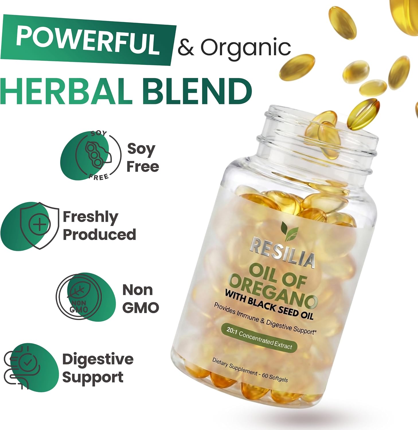 Resilia Black Seed Oil Softgels – Organic Oil of Oregano Capsules for Immune & Digestive Support – Non-GMO, Gluten-Free – New Bottle Packaging (60 Count)