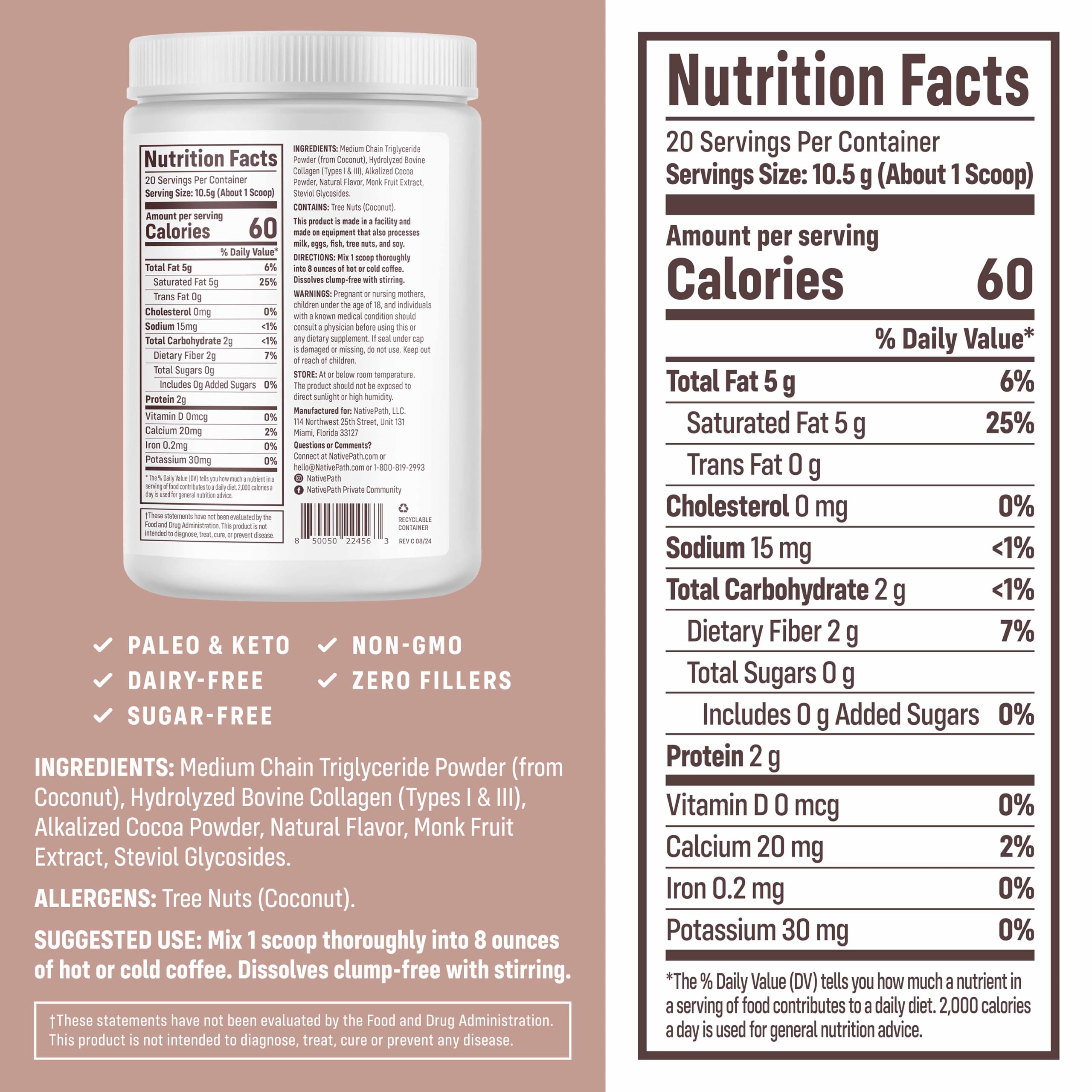 NativePath Keto Creamer, French Vanilla, Collagen & MCT, 20 Servings | Sugar-Free, Monk Fruit Sweetened, Non-Dairy & Creamy, Supports Skin, Hair & Nails, Low-Carb Friendly