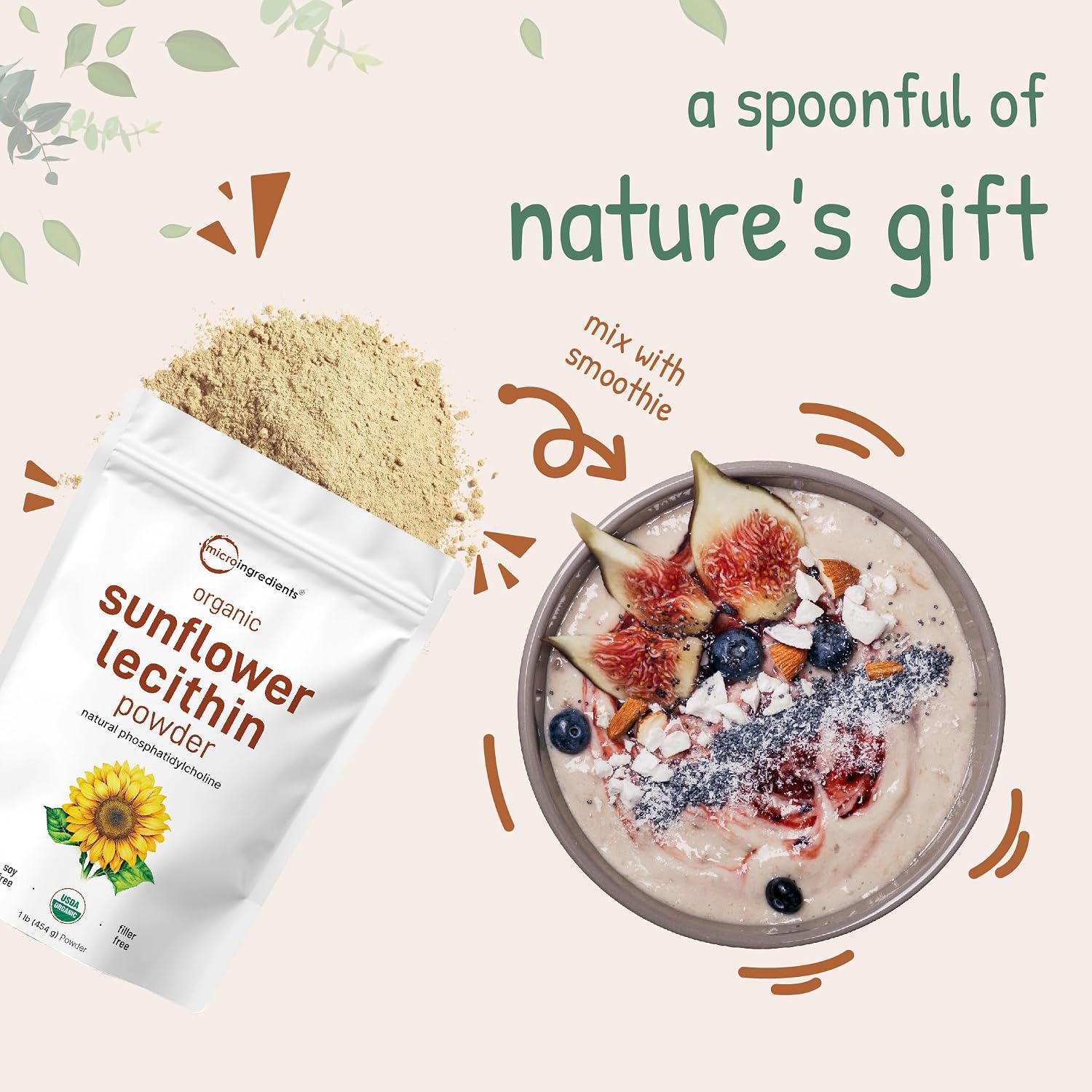 Organic Sunflower Lecithin Powder, 1 Pound, Sustainable Farmed, Cold Pressed, Rich in Phosphatidyl Choline and Protein, Making Liposomal Vitamin C, Lactation Supplement, Non-GMO