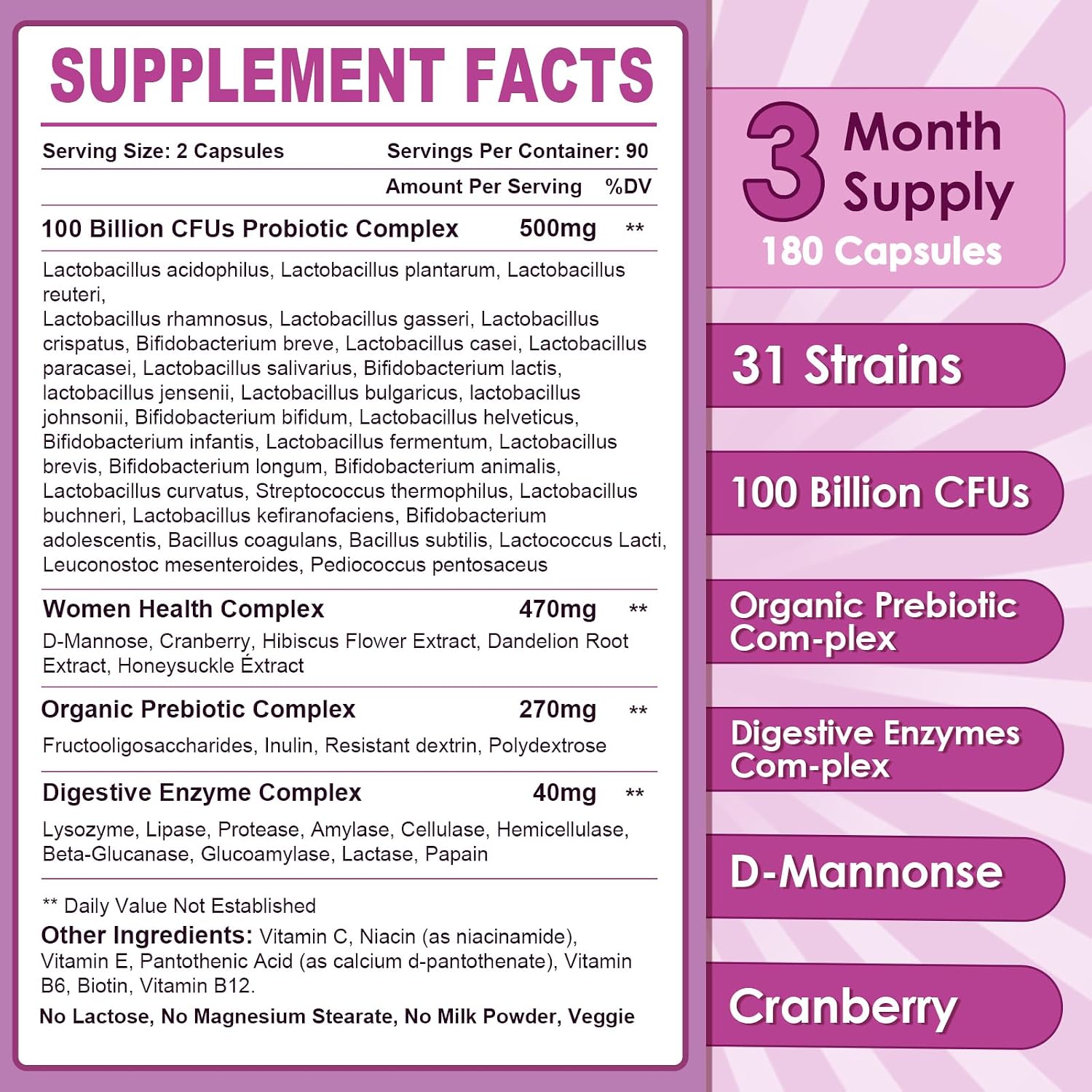 NATURE TARGET Women's Probiotic, 100 Billion CFU, 31 Strains, 90 Servings | With Prebiotic And Enzymes For Digestive Health,Cranberry, D-Mannose Support Urinary Tract & Vaginal Wellness, Shelf-Stable