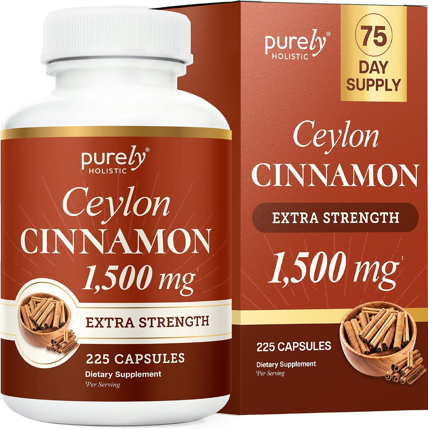 Ceylon Cinnamon Capsules 1500MG, 75 Servings, Powerful Antioxidant Activity | True Sri Lankan Ceylon Cinnamon Supplements, Daily Nutritional Balance Support, Vegan & Non-GMO, 225 Capsules (75 Day Supply)