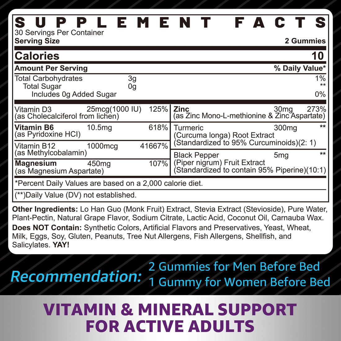 Zinc and Magnesium Supplement, Zinc Magnesium Aspartate Post Workout Gummies for Men Women, with Vitamin B6, B12, D3, Turmeric for Nighttime Recovery, Reduce Fatigue