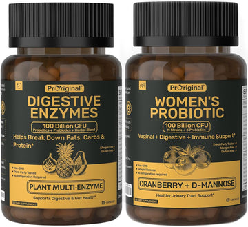Women’s Probiotic & Digestive Enzymes Bundle – 100 Billion CFU Probiotic with Prebiotics, Cranberry & D-Mannose + Multi-Enzyme Complex – Supports Women’s Digestive, Gut, Vaginal & Urinary Health – Veg
