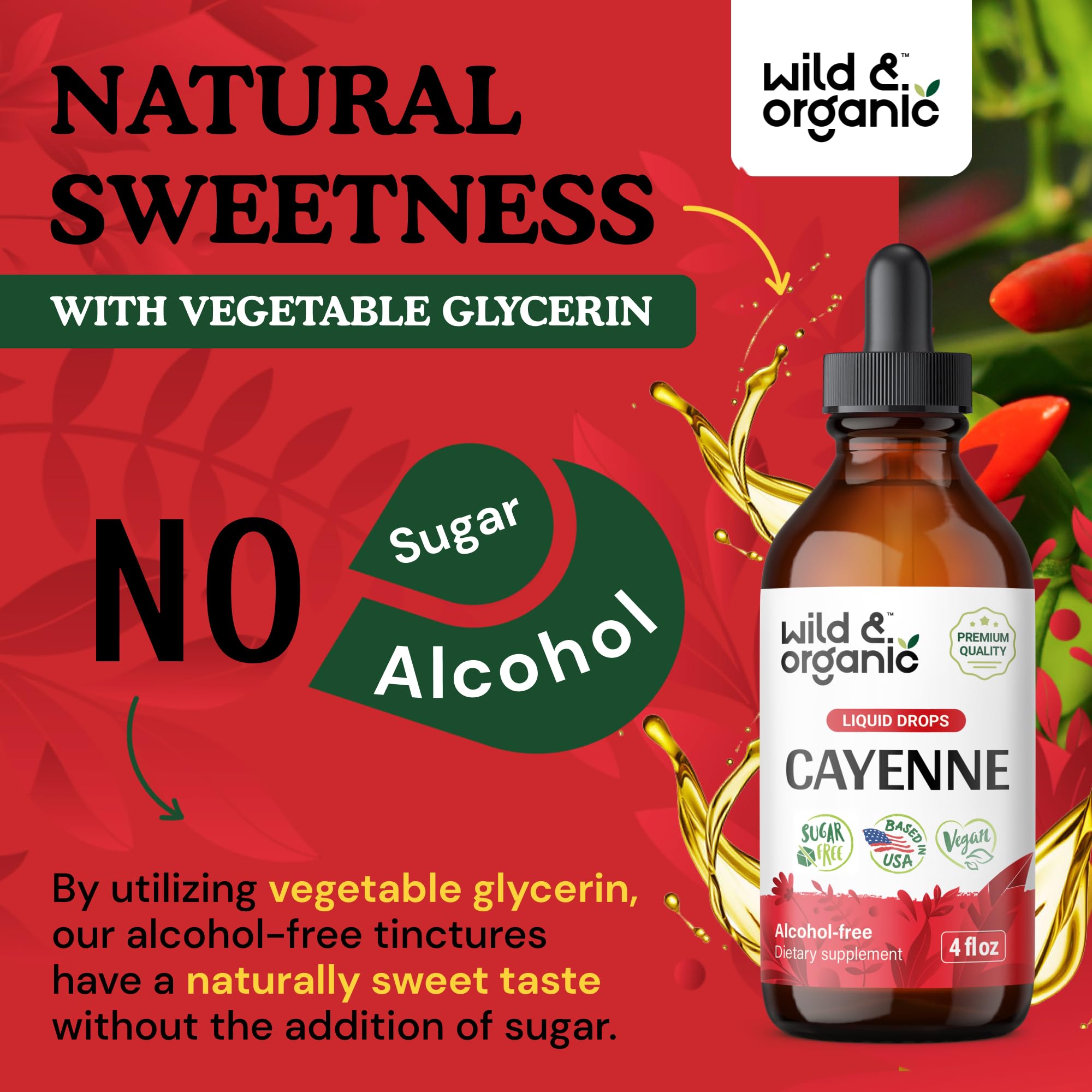 Wild & Organic Cayenne Pepper Drops - Antioxidant & Digestive Support - Capsaicin Supplements - Fast Absorbing Liquid Cayenne Pepper Extract Tincture - No Spicy Aftertaste, Alcohol-Free - 4 fl oz