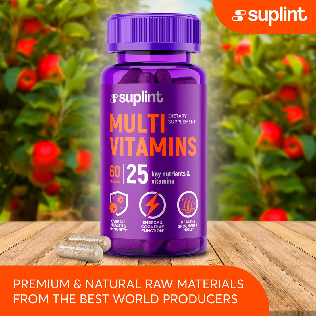 Two purple bottles of Suplint Multi Vitamins on a white background