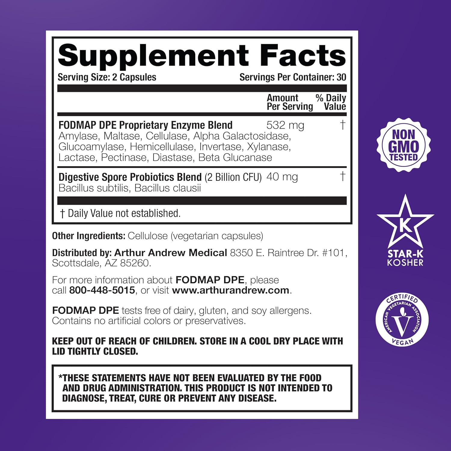 Arthur Andrew Medical, FODMAP DPE, Digestive Enzymes, 60 Capsules | Digestive Enzymes, & Probiotics For FODMAP Intolerance & The Digestion Of Fermentable Foods. Vegan, Non-GMO