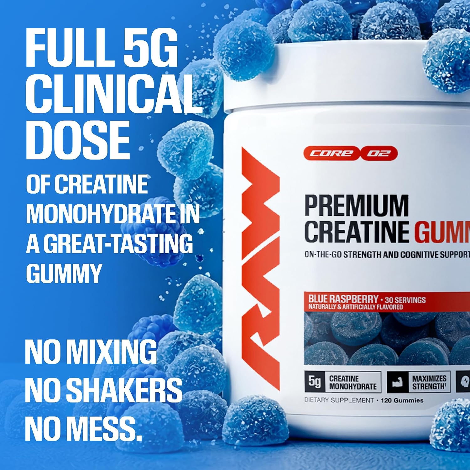 RAW Nutrition Creatine Gummies, Blue Raspberry, 5g Creatine Monohydrate, Supports Strength & High-Intensity Performance, No Mixing Chewable Pre/Post Workout Supplement, 120 Gummies (30 Servings)