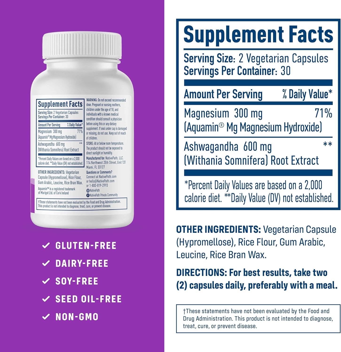 NativePath Balance Magnesium Glycinate with Ashwagandha, 60 Capsules | High-Absorption Chelated Form, Supports Calm, Relaxation, Restful Sleep, Muscle & Recovery, Adults