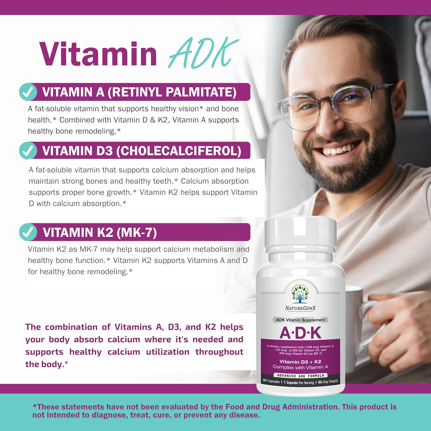 NatureGenX ADK Vitamin Supplement – Vitamins A, D3 & K2 MK-7 for Bone Health & Calcium Absorption – Gluten-Free, Non-GMO, Soy-Free – 60 Capsules (2-Month Supply) | For Bone Health & Calcium Absorption - Immune Support, Gluten-Free, Non-GMO, Soy-Free - 60