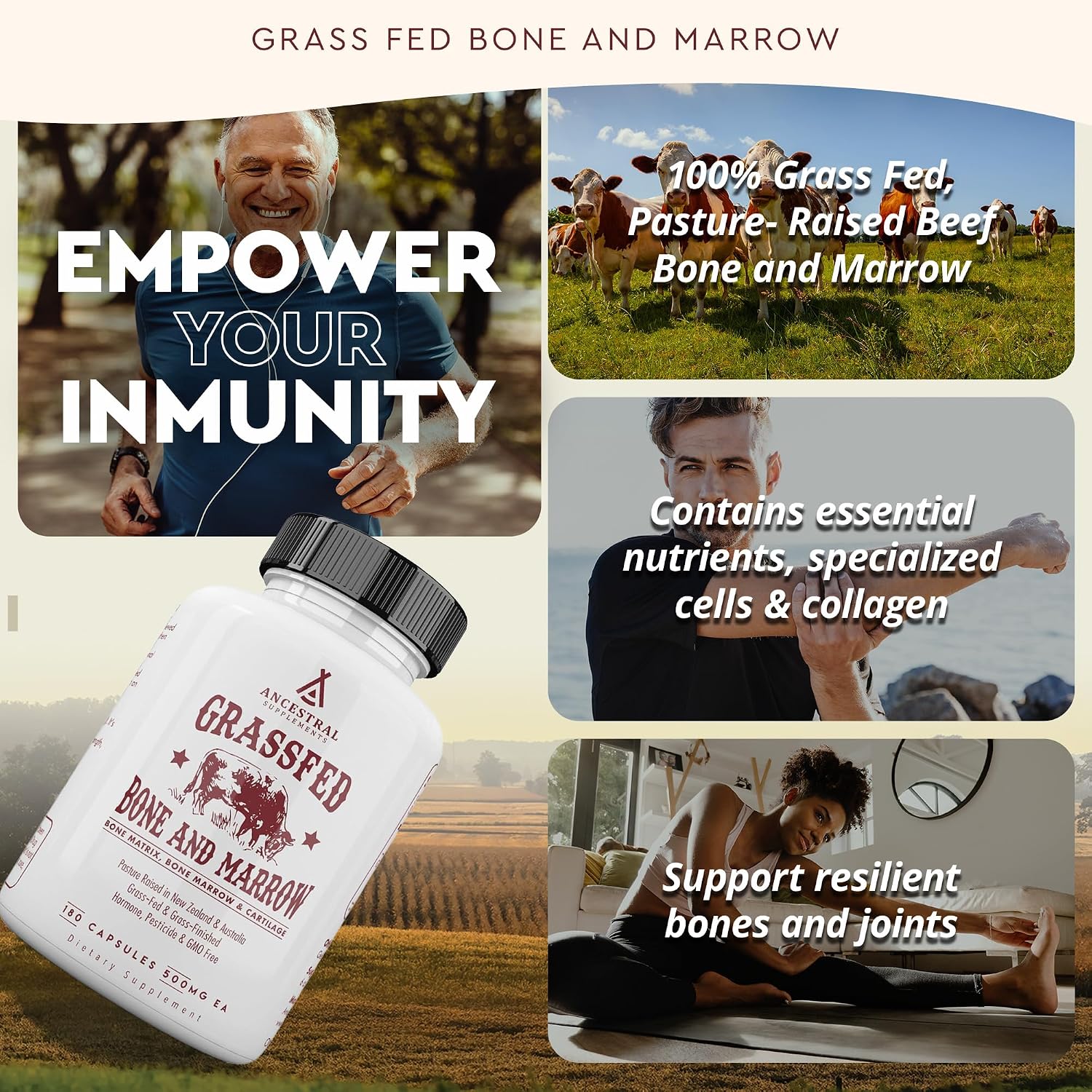 Ancestral Supplements Grass-Fed Beef Liver & Bone Marrow Capsules, 3000mg, Supports Energy, Digestion, Immunity, Skin, Oral Health, Joint Wellness, Non-GMO, Freeze-Dried, 180 Capsules