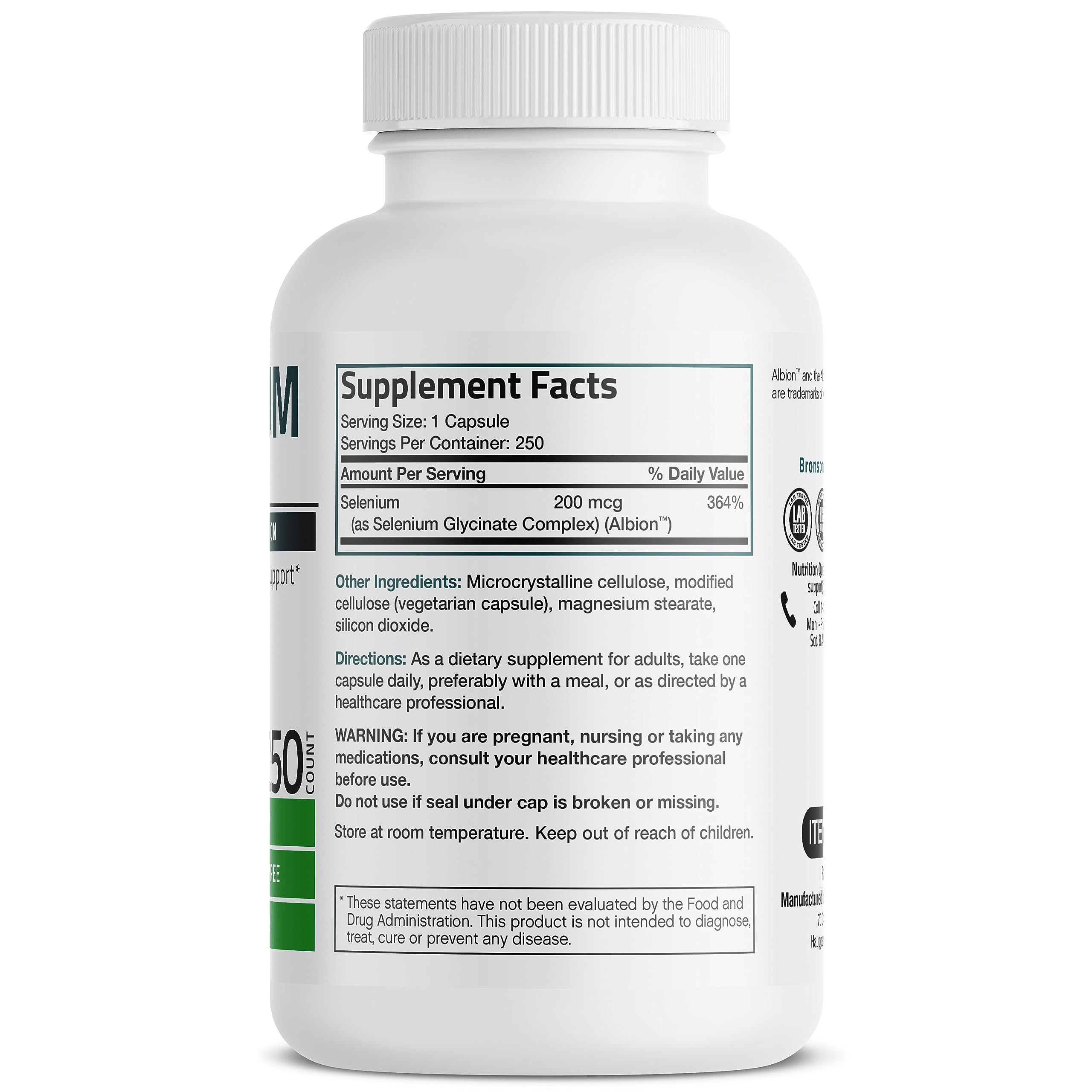 Bronson Selenium 200 mcg – Yeast Free Chelated Amino Acid Complex - Essential Trace Mineral with Superior Absorption