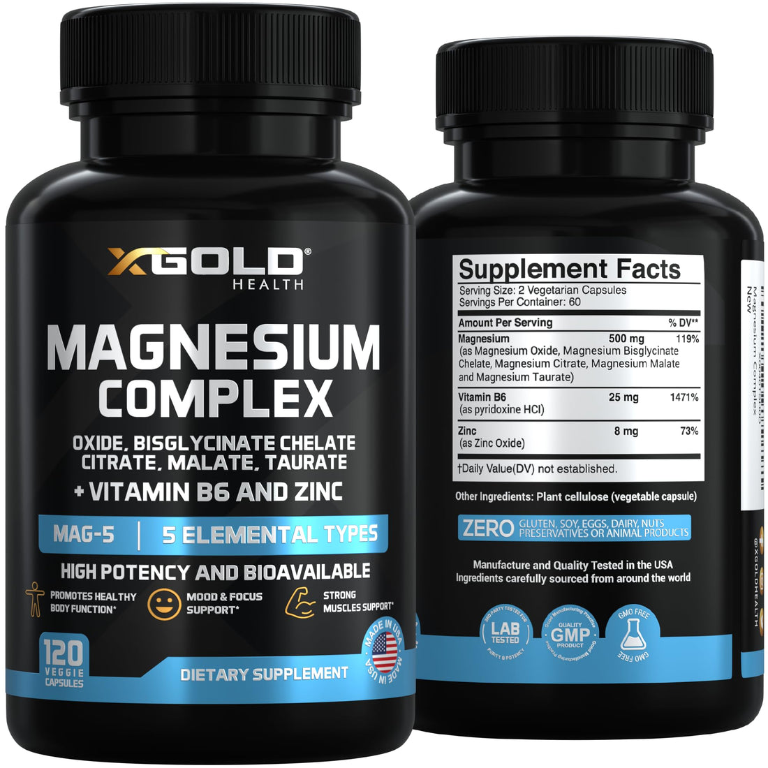 Supplement bottle labeled 'XGold Health Magnesium Complex' on a white background