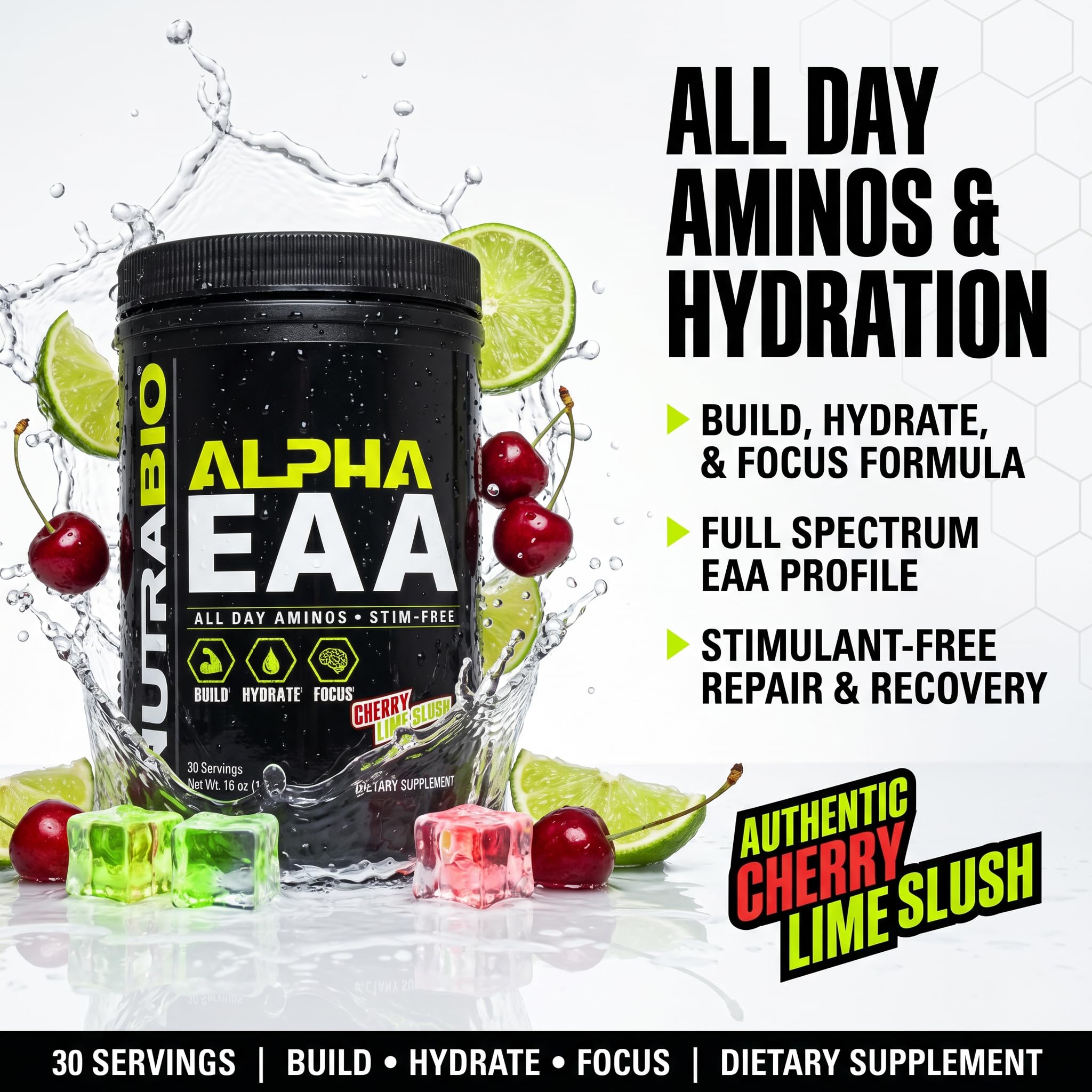 NutraBio Alpha EAA - All-Day Amino Acids for Muscle Growth and Hydration - Essential Amino Acids with Nootropics & Adaptogens- Full Spectrum EAA BCAA Powder - 30 Servings - Strawberry Lemon