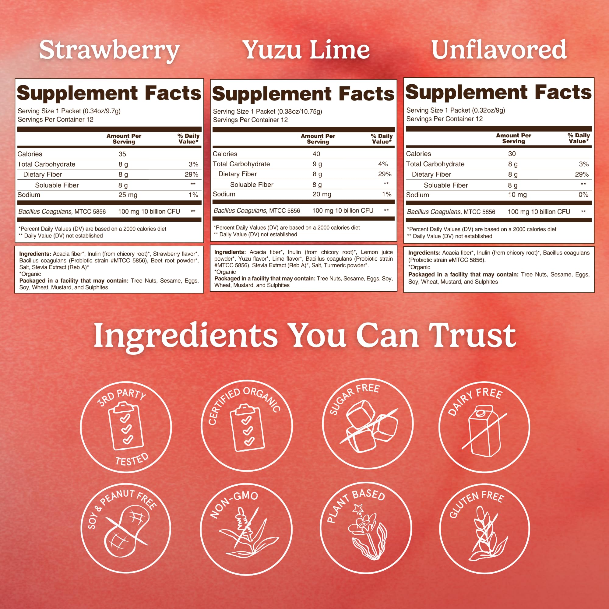 Organic Traditions Fiber Flow Variety Pack, Daily Fiber Supplement Sticks with Acacia, Chicory Root Inulin, One Billion CFU Probiotics, Mixed Flavors Strawberry Yuzu Lime Unflavoured, 12 Count