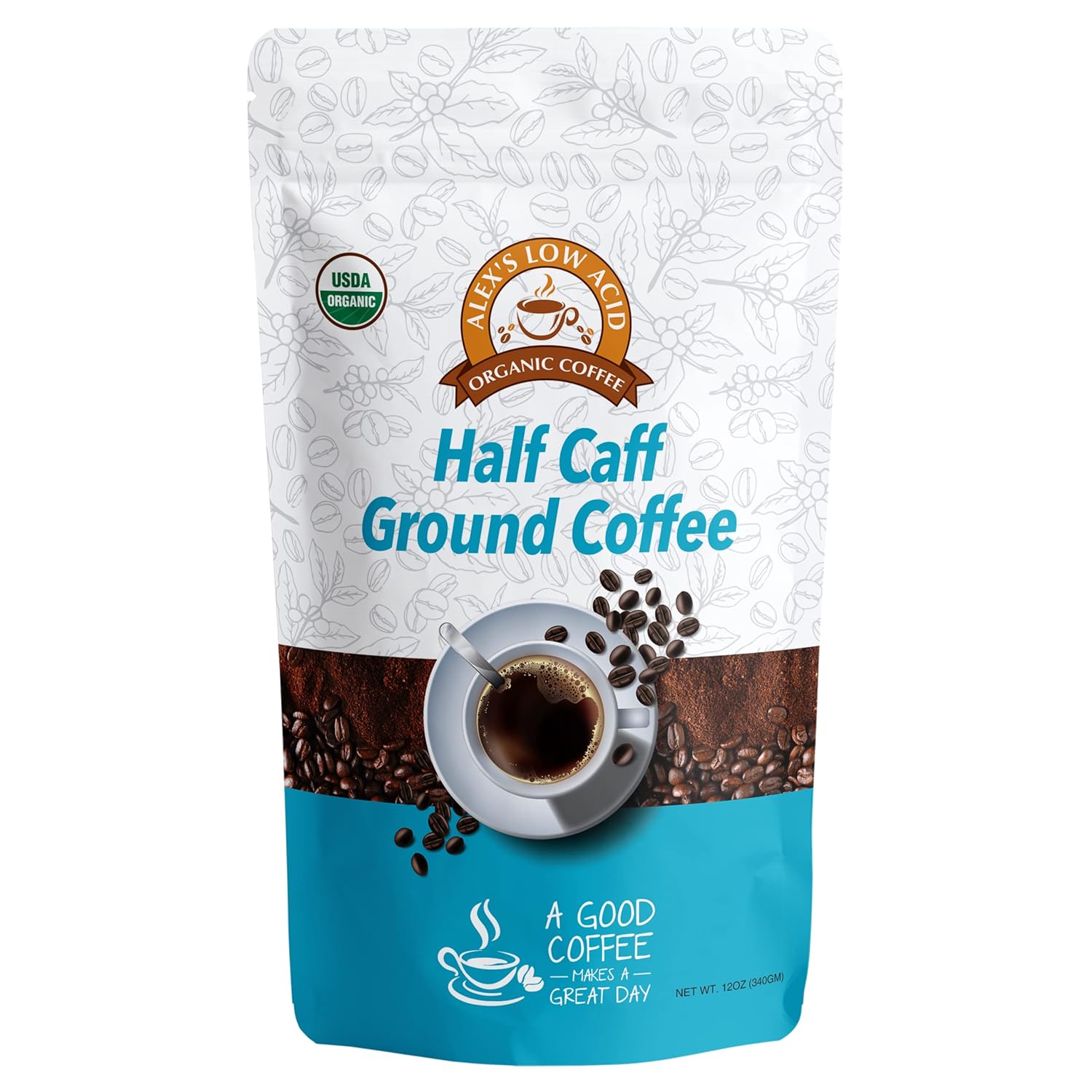 Alex's Low Acid Organic Coffee 12oz Bag - Half Caff Fresh Ground (Pack of 1)