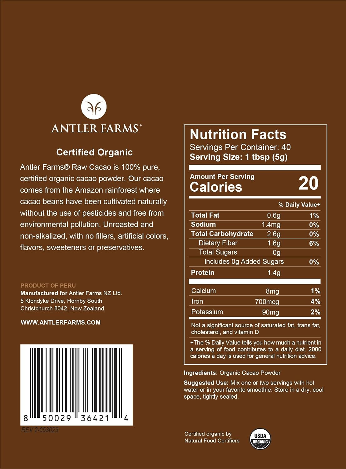 Antler Farms - 100% Pure Organic Raw Cacao Powder, 40 servings, 200g - Vegan, Gluten Free, Cultivated Naturally in Amazon Rainforest, Certified USDA Organic | 100% Pure, Vegan, Gluten Free, Cultivated Naturally in Amazon Rainforest, Certified USDA Organic