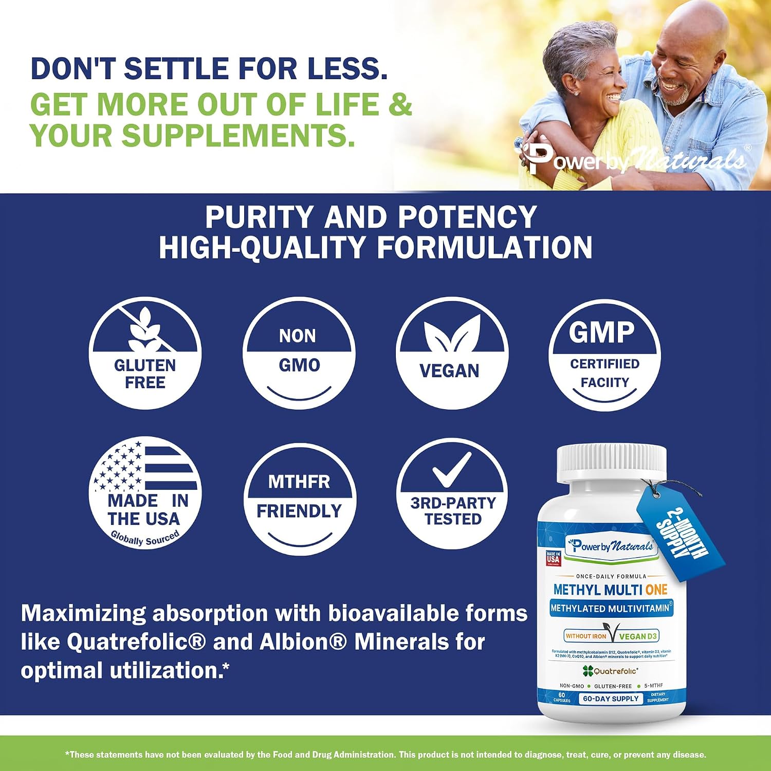 Power By Naturals Methyl Multi One – Iron-Free Methylated Multivitamin with 5-MTHF, Methyl B12 & CoQ10 – Methylation Support for Men & Women – Vegan, Non-GMO – 60 Capsules (2-Month Supply) | With 5-MTHF, Methyl B12 & CoQ10 - Methylation Daily Support for