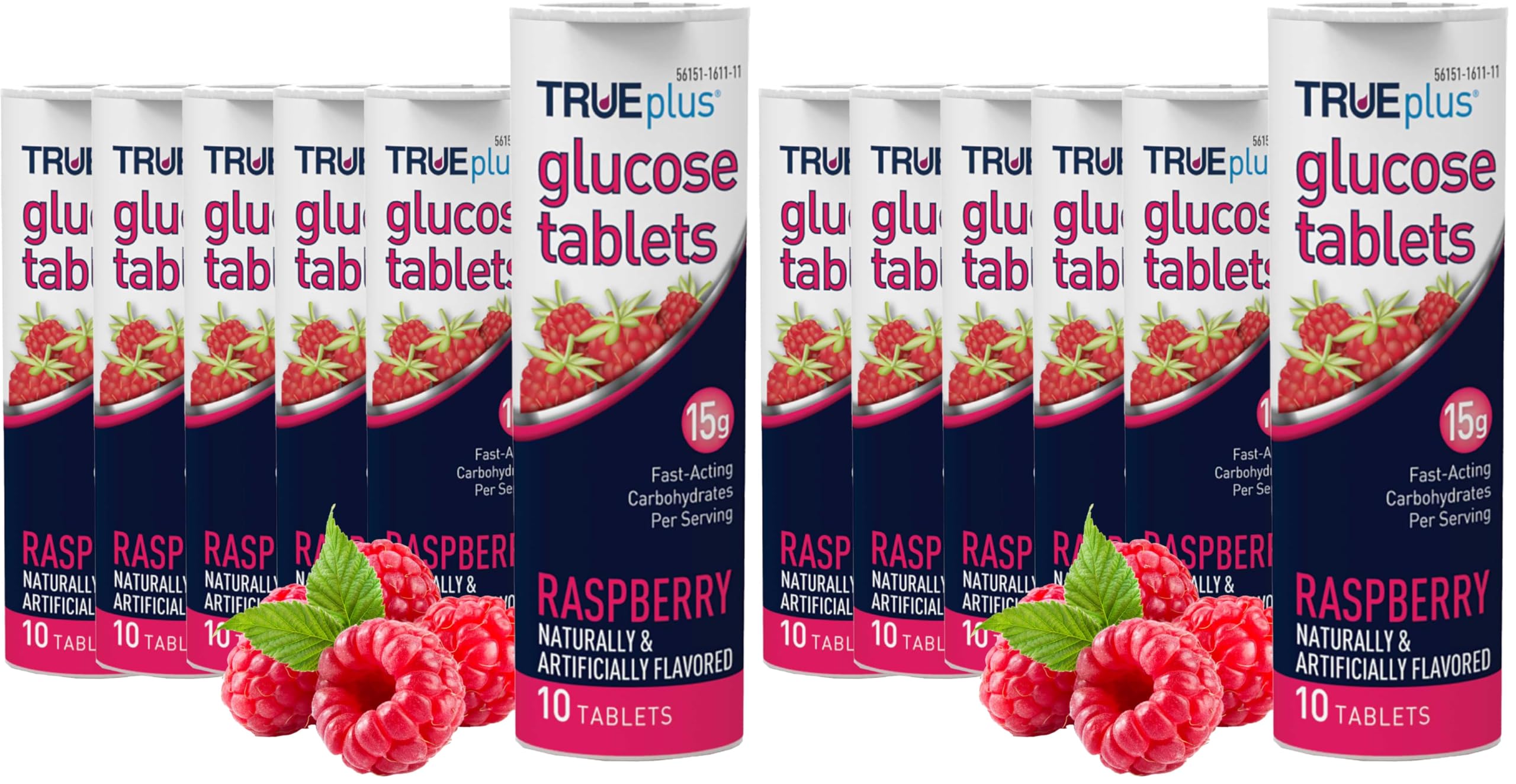 TRUEplus Glucose Tablets, Raspberry Flavor, 10 Count, 6 Tubes | Chewable Tablets, 15g Fast-Acting Carbohydrates, Fat Free, Gluten Free, Boosts Energy, Great Tasting and Easy to Use
