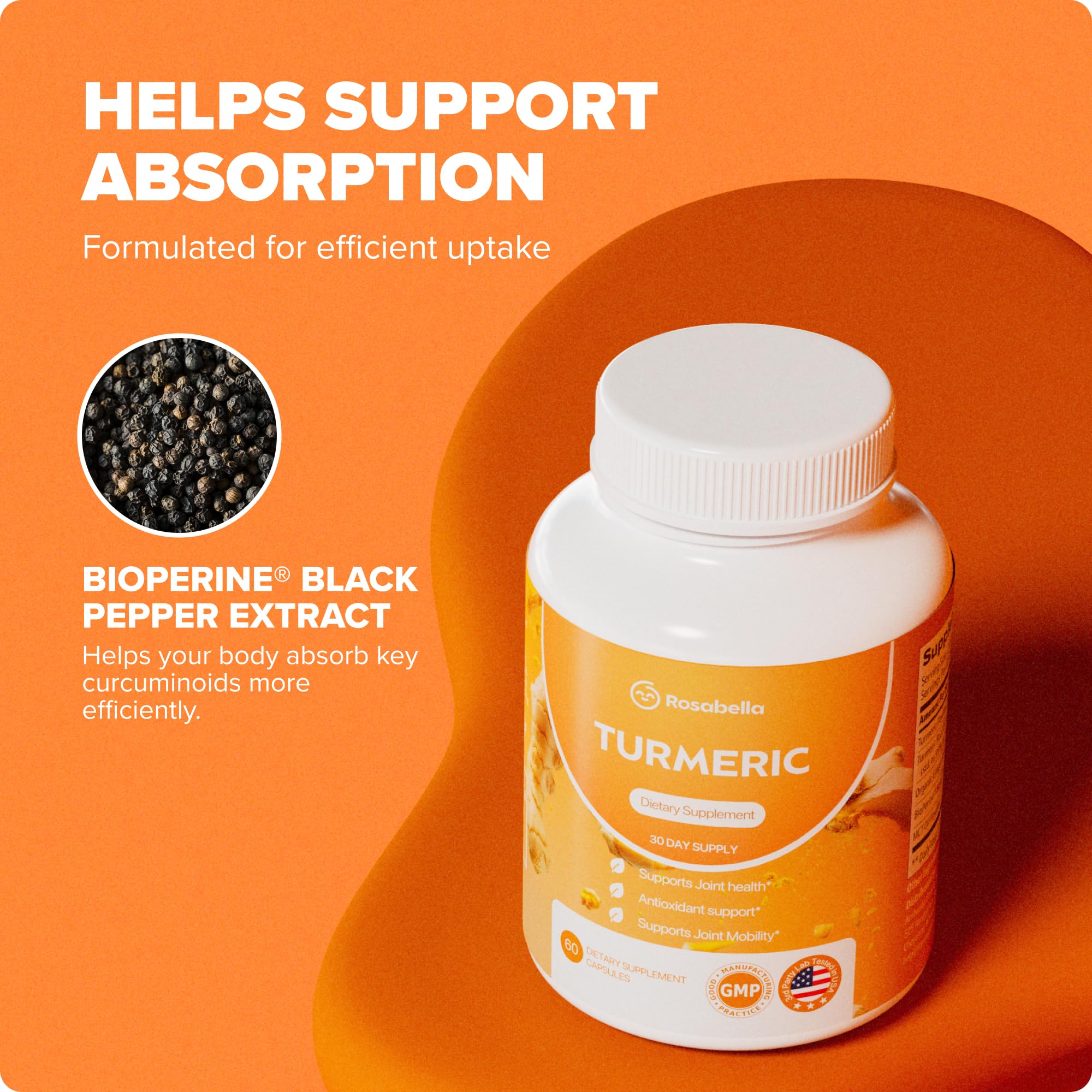 Rosabella Turmeric Curcumin Supplement – Organic Turmeric Supplement with BioPerine & Ginger, Turmeric Capsules for Joint Comfort, Mobility & Antioxidant Wellness – 60 Count (Pack of 1)