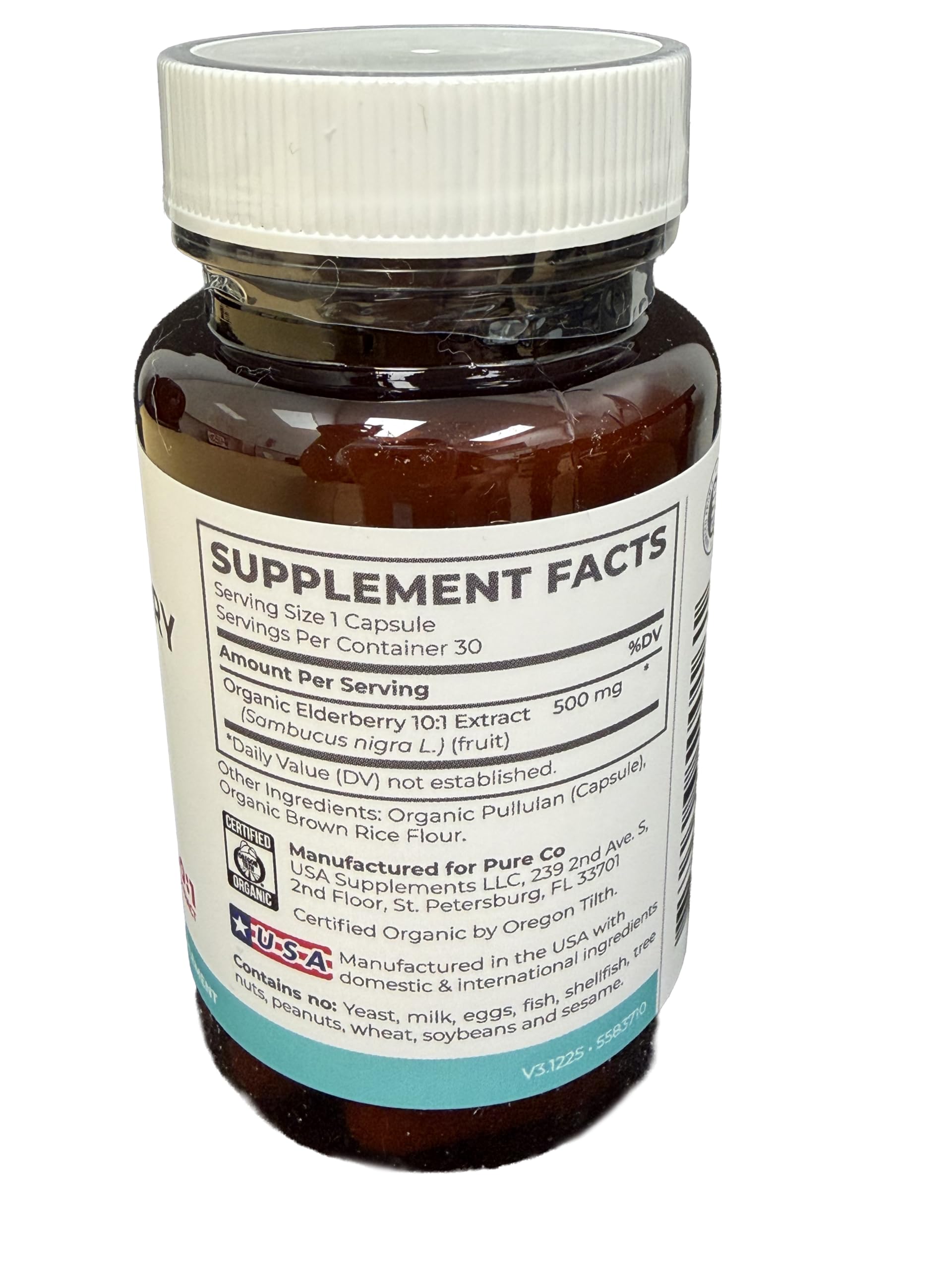 PURE CO Organic Elderberry 10:1 Extract 500mg Per 1 Capsule Serving - Vegan Black Elderberry Supplement for Immune Support, Allergy, Sinus Relief - Sambucus Nigra - 30 Caps