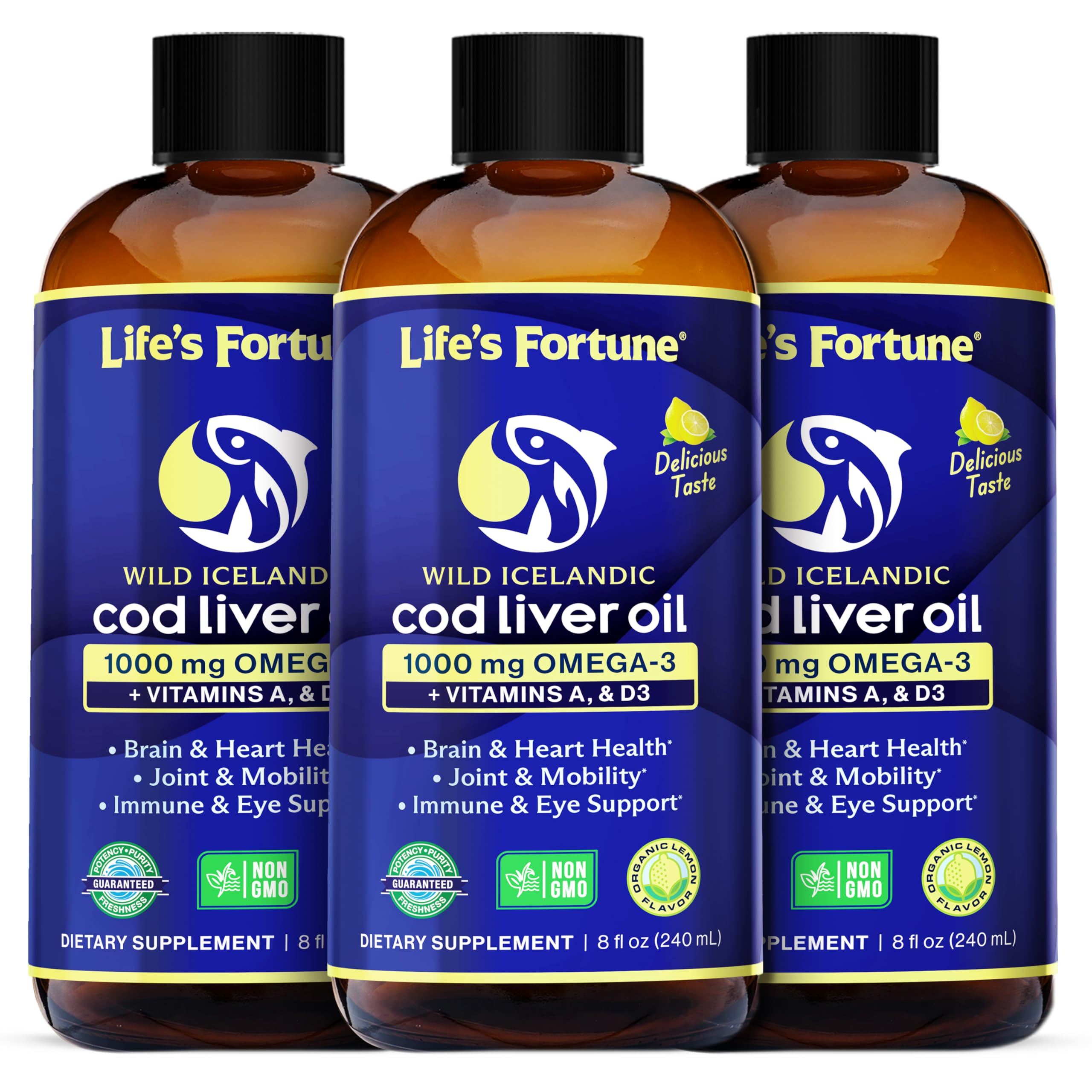 Life's Fortune Cod Liver Oil Liquid Lemon Flavor Organic Supplement with DHA, EPA 1000 mg High Potency Omega-3s + Vitamin A, E & D3 - Supports Immune, Joints, Eyes, 16 Fl Oz (Pack of 1)