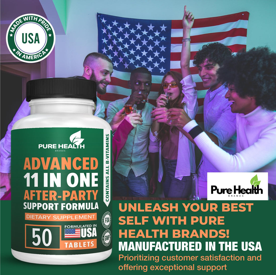 Supplement bottle labeled '11 in One After-Party Support Formula' by Pure Health on a white background