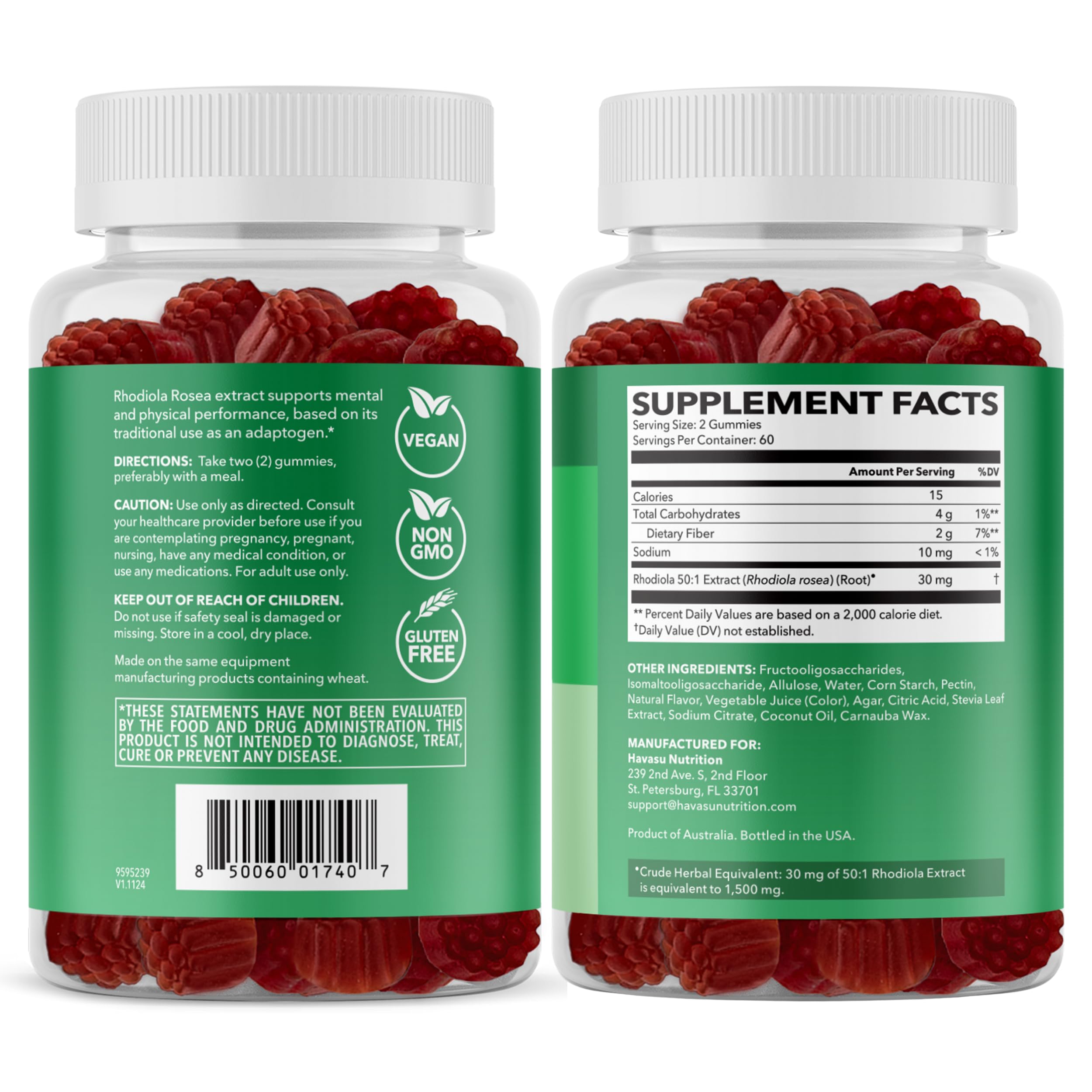 Rhodiola Rosea Gummies, Sugar Free Rhodiola Supplement, 30 Servings | Herbal Adaptogen for Mental Clarity and Performance, 60 Count, Vegan and Gluten-Free, Mixed Berry Flavor, 1-Month Supply